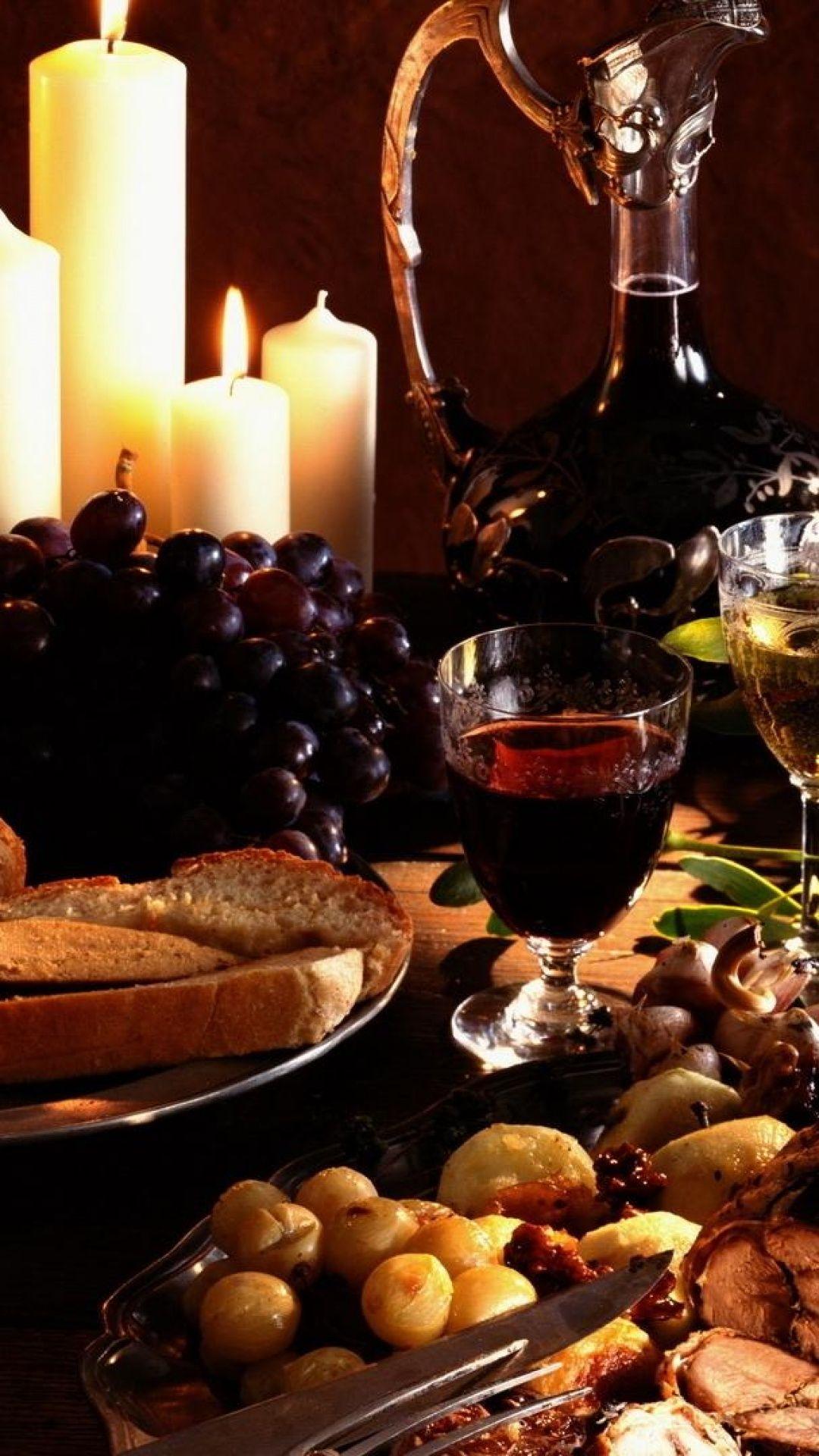Delicious Meal Food Wine Grapes Steak Candles Android Wallpaper free
