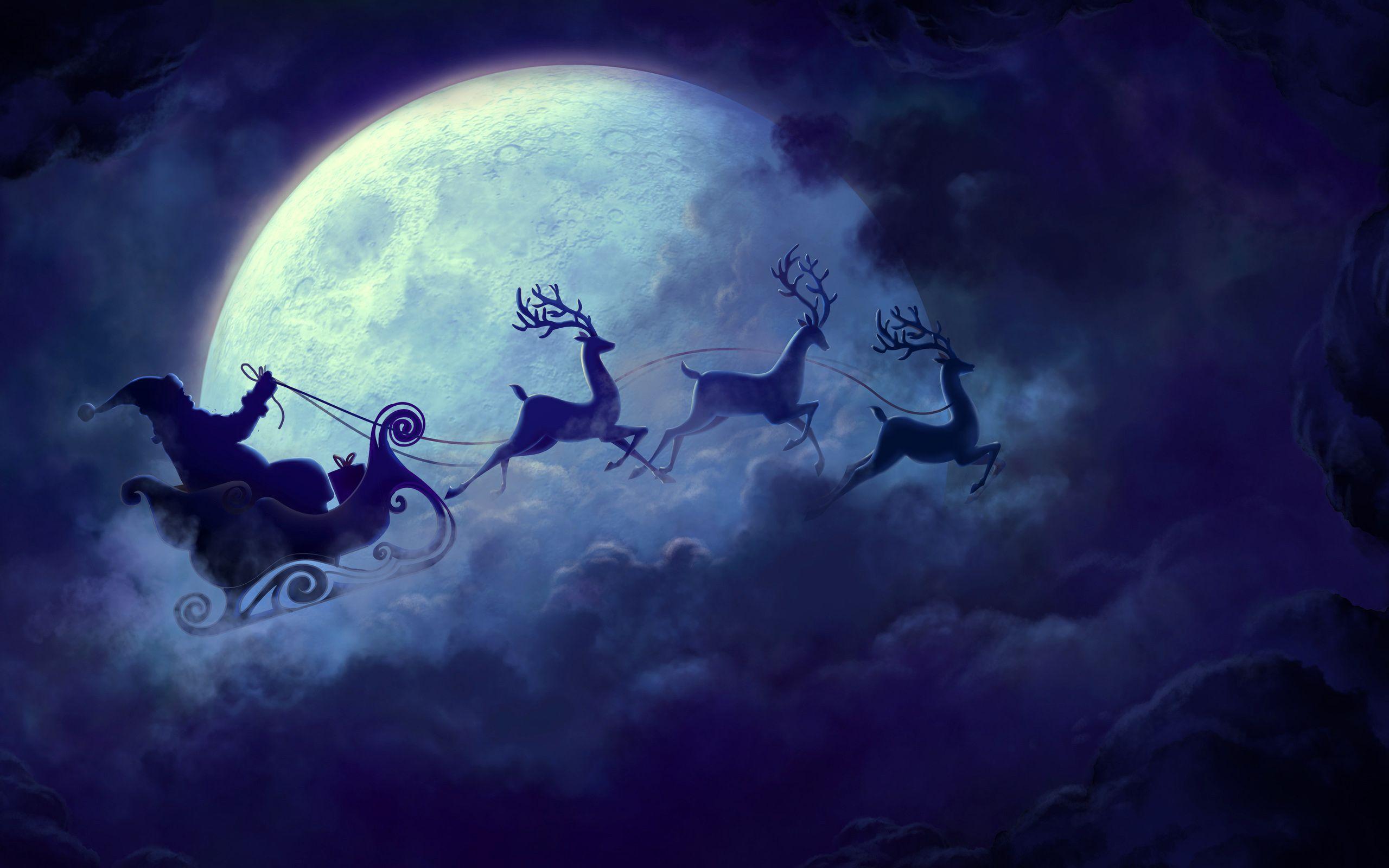 Wallpaper Santa Claus, Reindeer Chariot, Full moon, HD, Celebrations