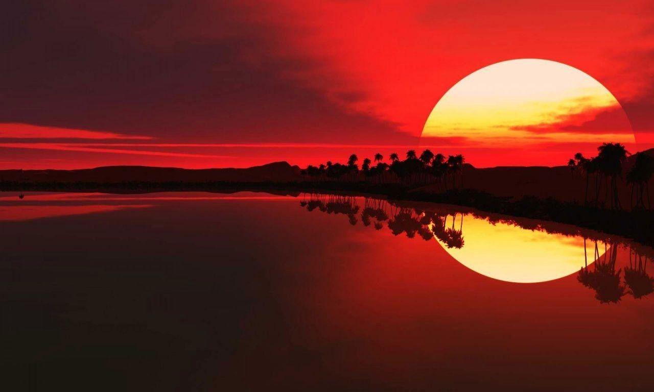 Sunsets: Evening Lake Reflection Mirror Ocean Sea Sunset Sky Redish