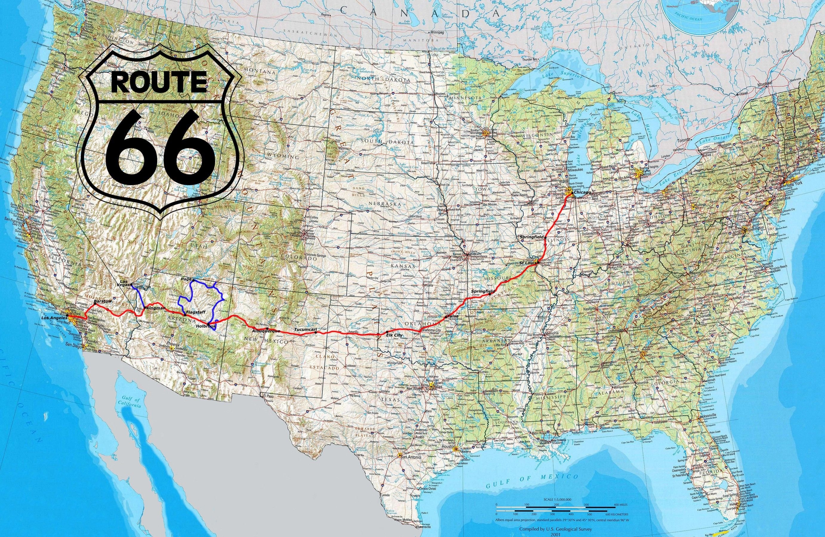 road route 66 usa highway map north america canada coast sea border