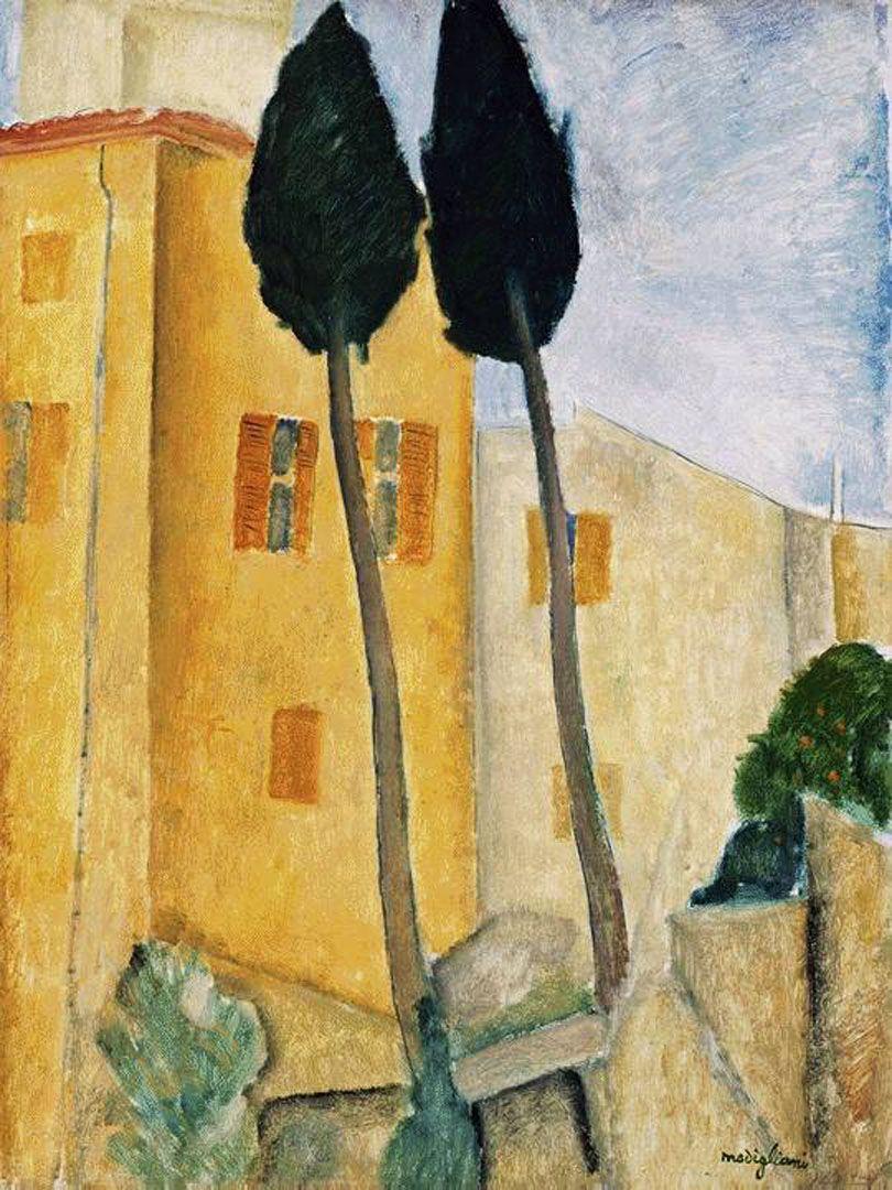 Cypress Trees And Houses Modigliani Wallpaper Image