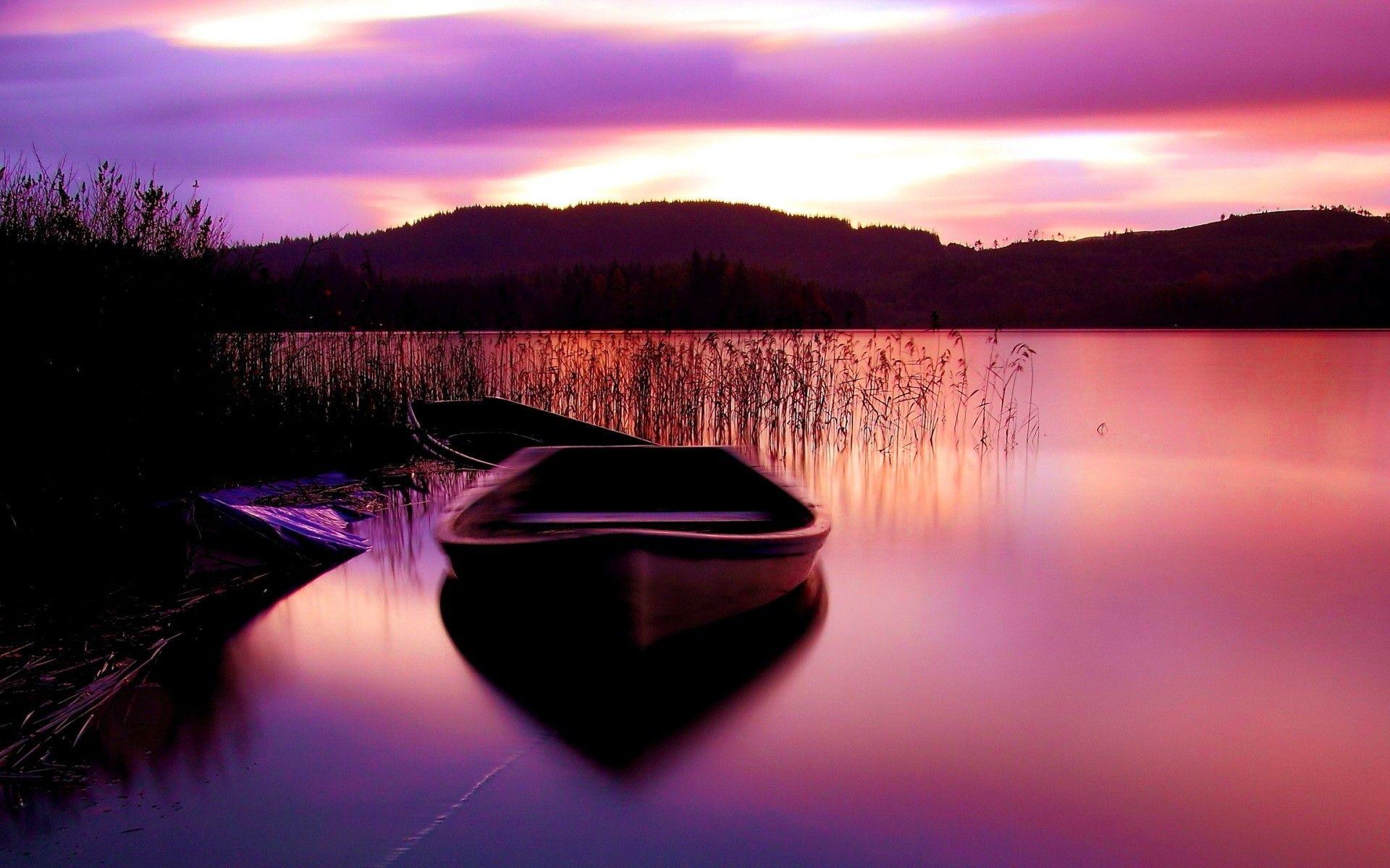Sunsets: Boat Sunset Colorful Serenity Lake Tranquility Crystal