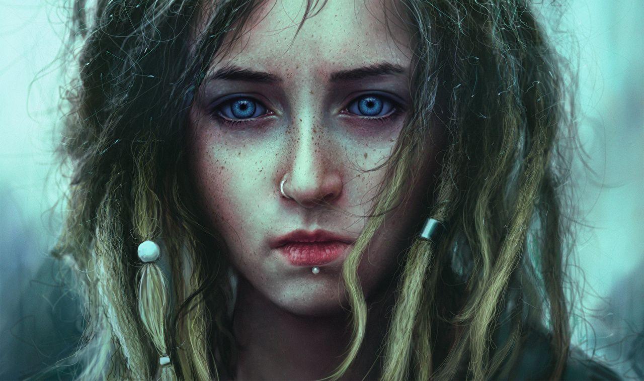 Picture Body piercing Sadness Face Hair Girls Staring Painting Art