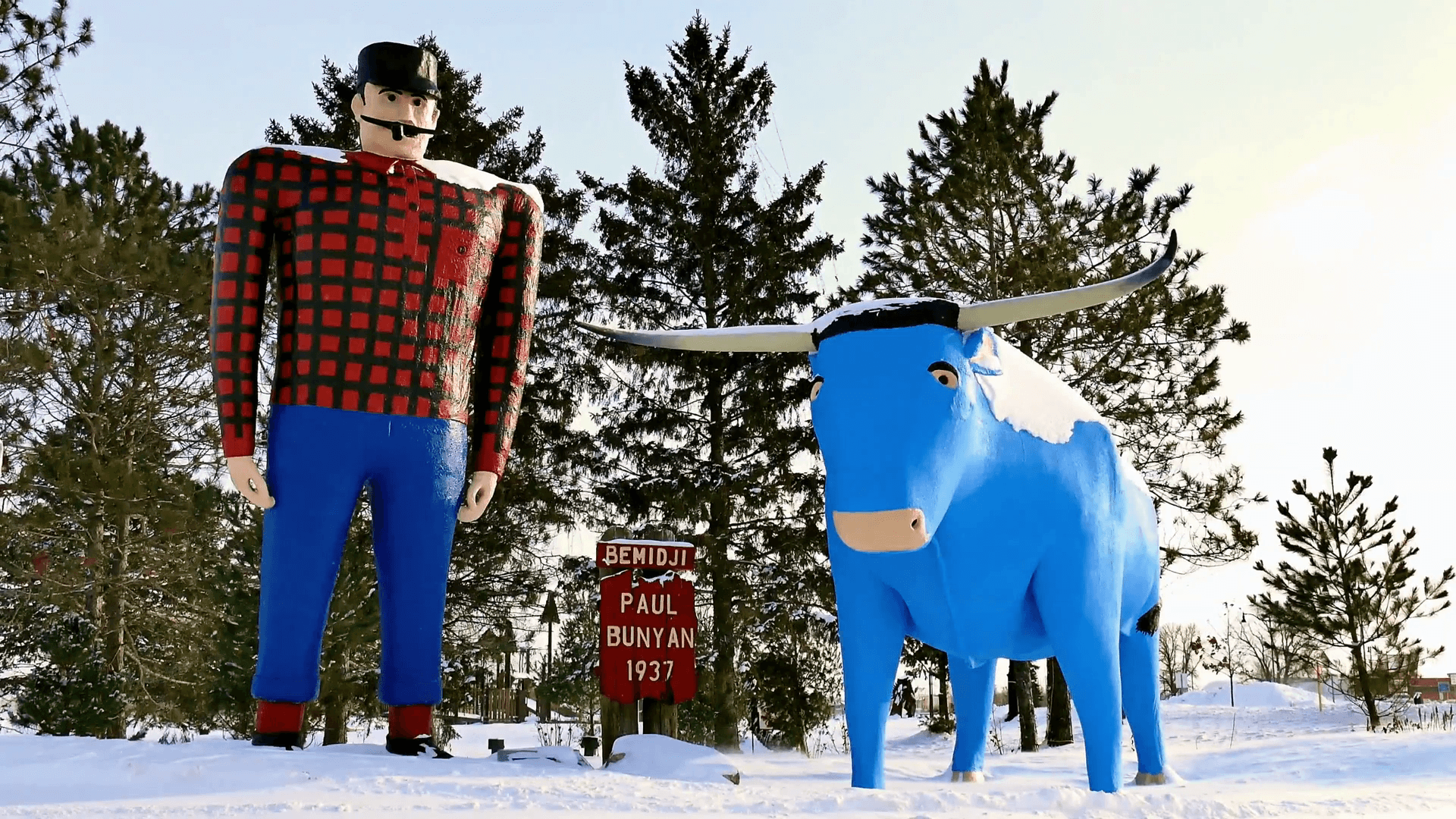 Paul Bunyan and Babe the Blue Ox in Winter Stock Video Footage
