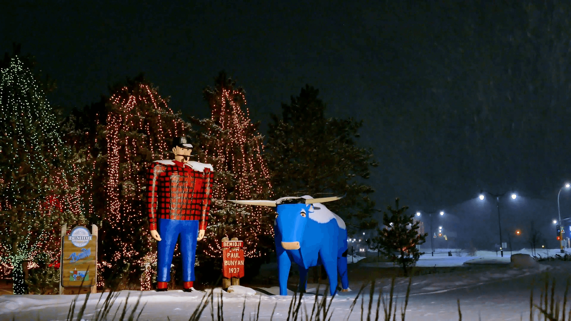 Paul Bunyan and Babe the Blue Ox in Winter Stock Video Footage