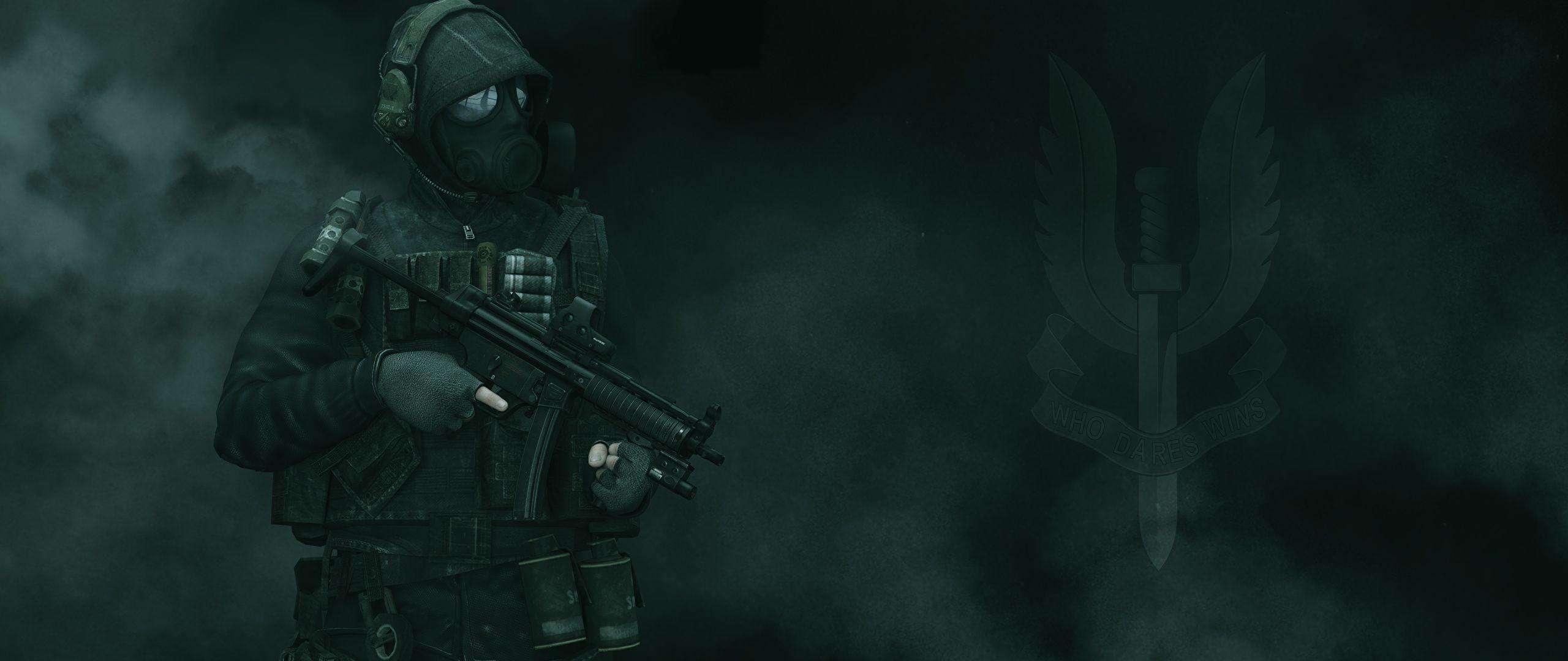 image Soldiers Gas mask Headphones Assault rifle Special 2560x1080