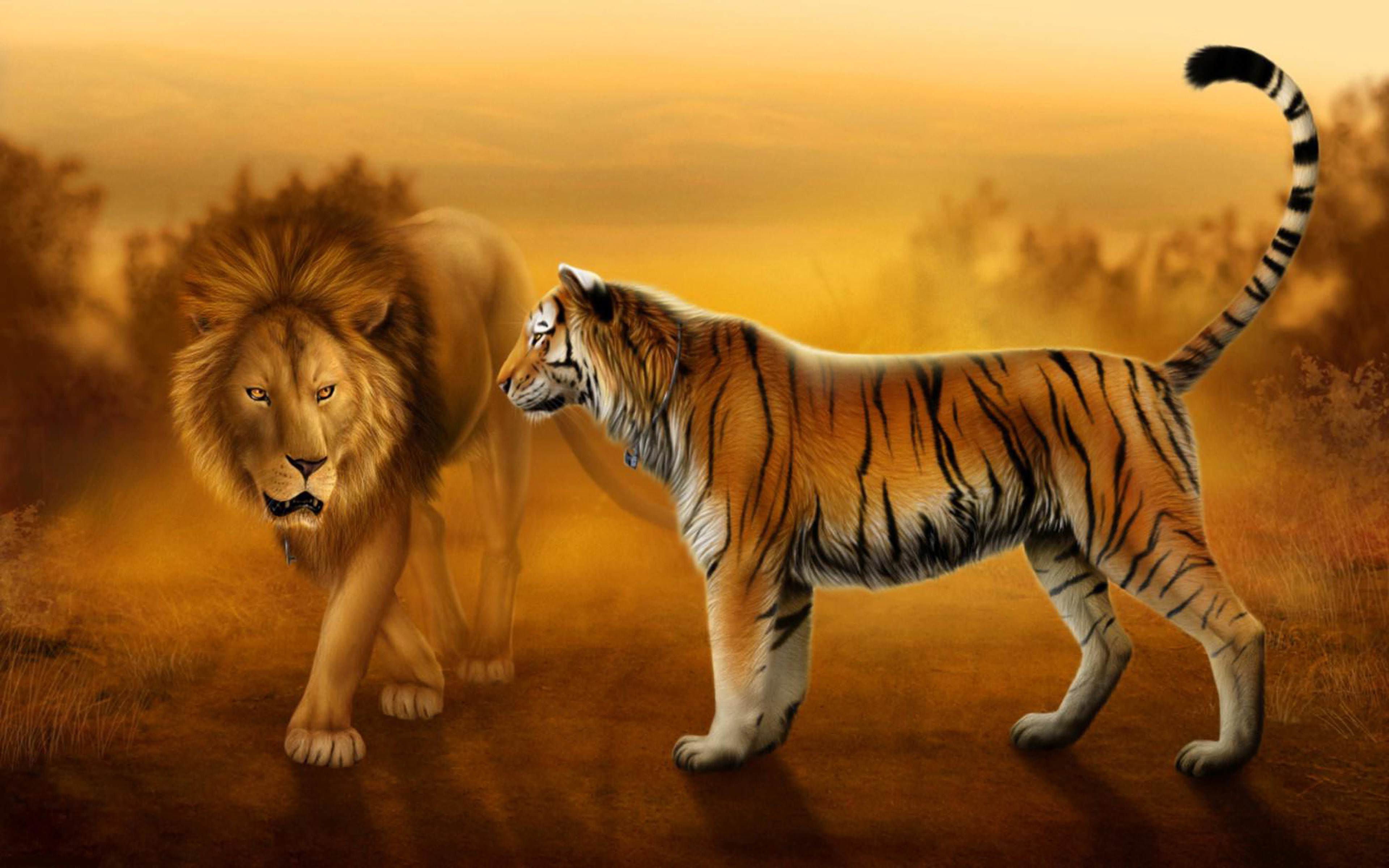 Lion Tiger 3D Animals. Animals & Birds Wallpaper