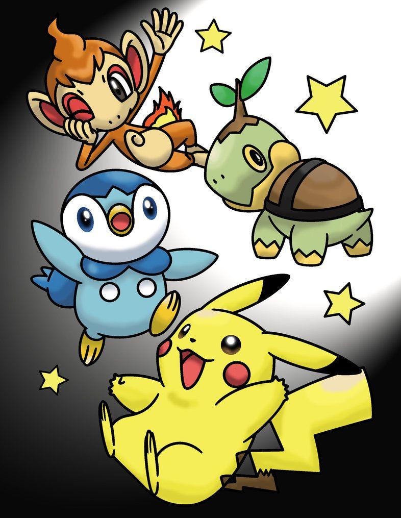 Pikachu, Turtwig, Chimchar, and Piplup Color Page