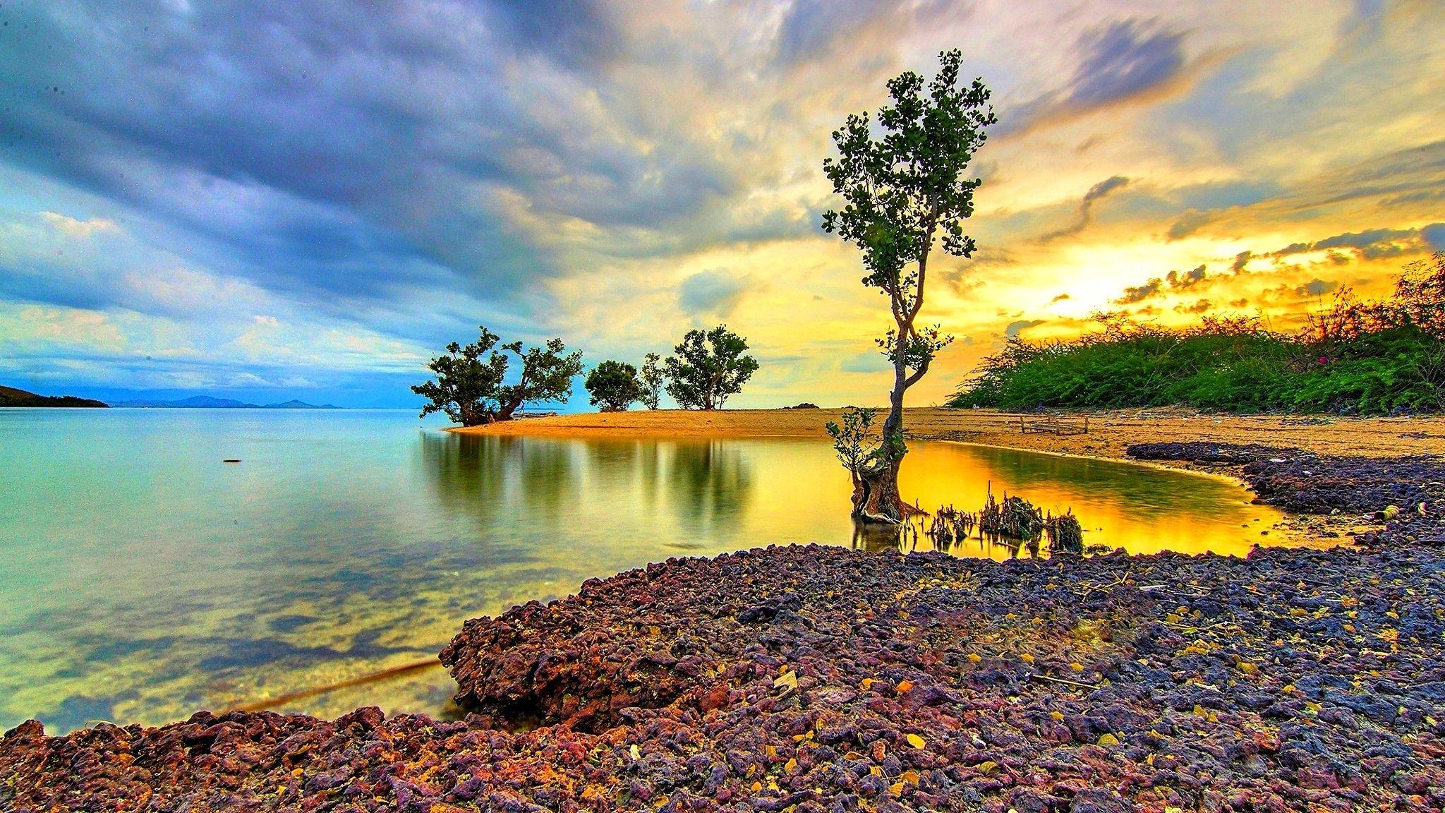 Widescreen Sunsets Beach Sky Trees Clouds Colors Tropical Cove