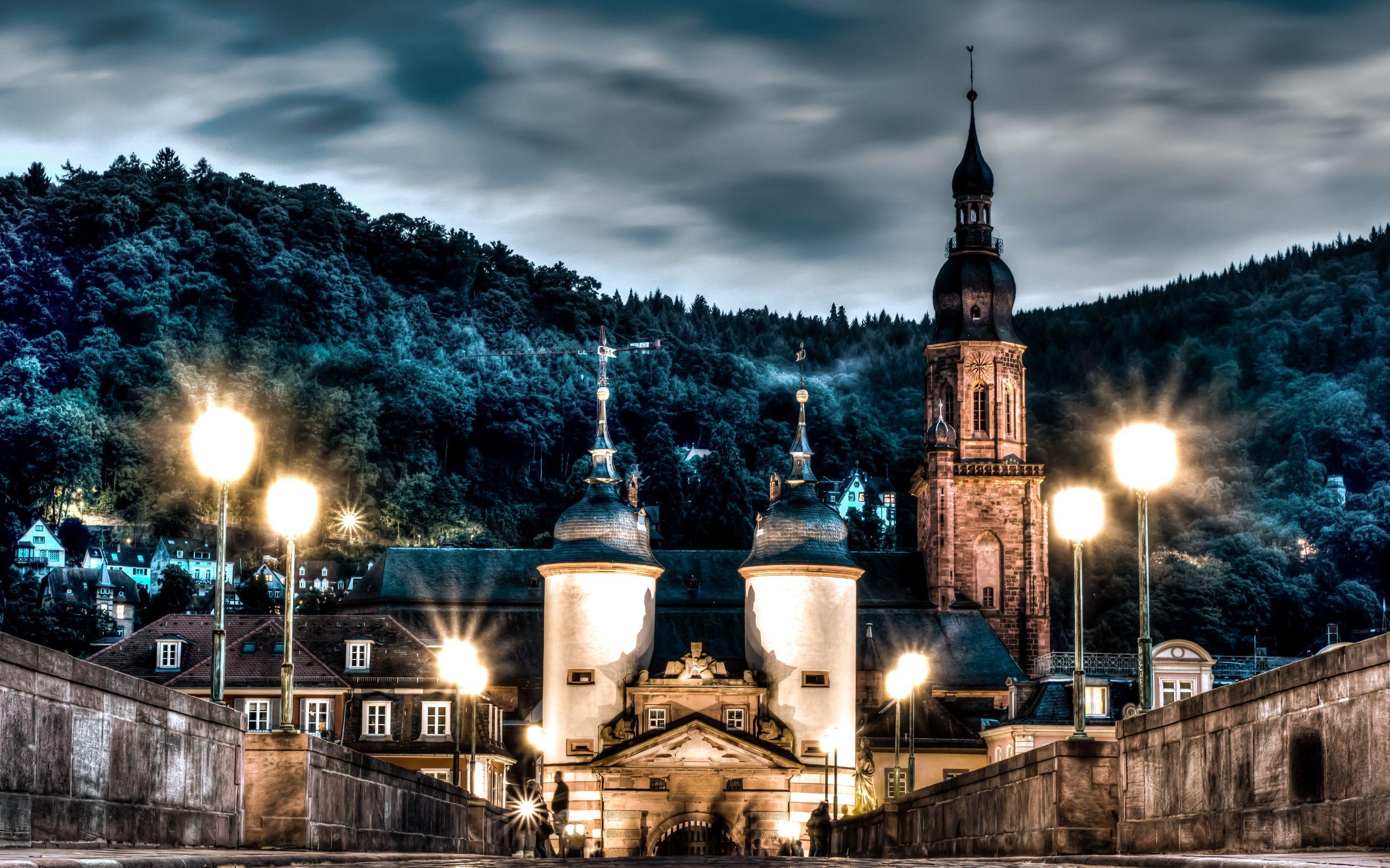 Download wallpapers Heidelberg Castle, bridge, evening, HDR