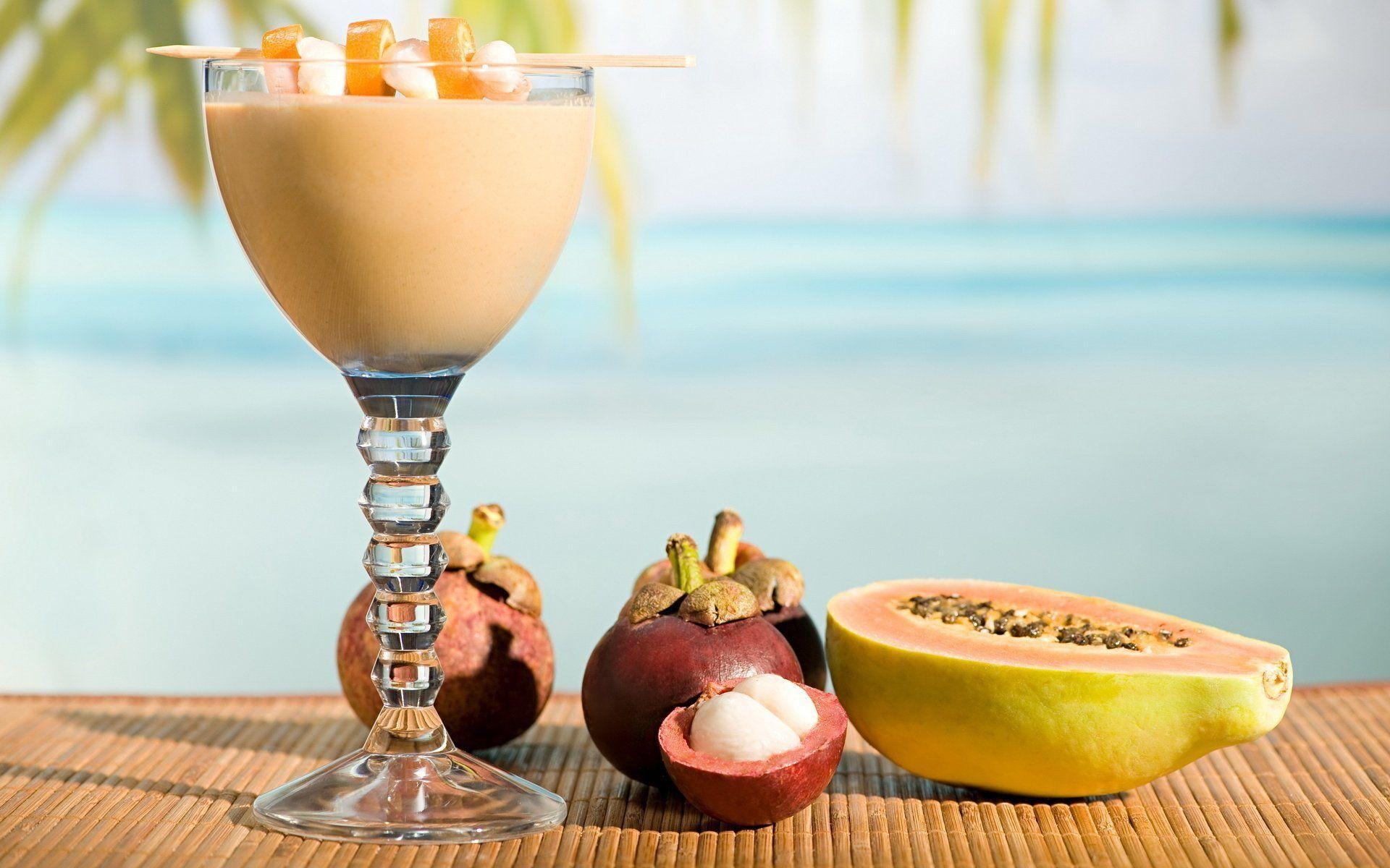 cocktail drink glass fruits mat close up papaya mangosteen HD wallpaper