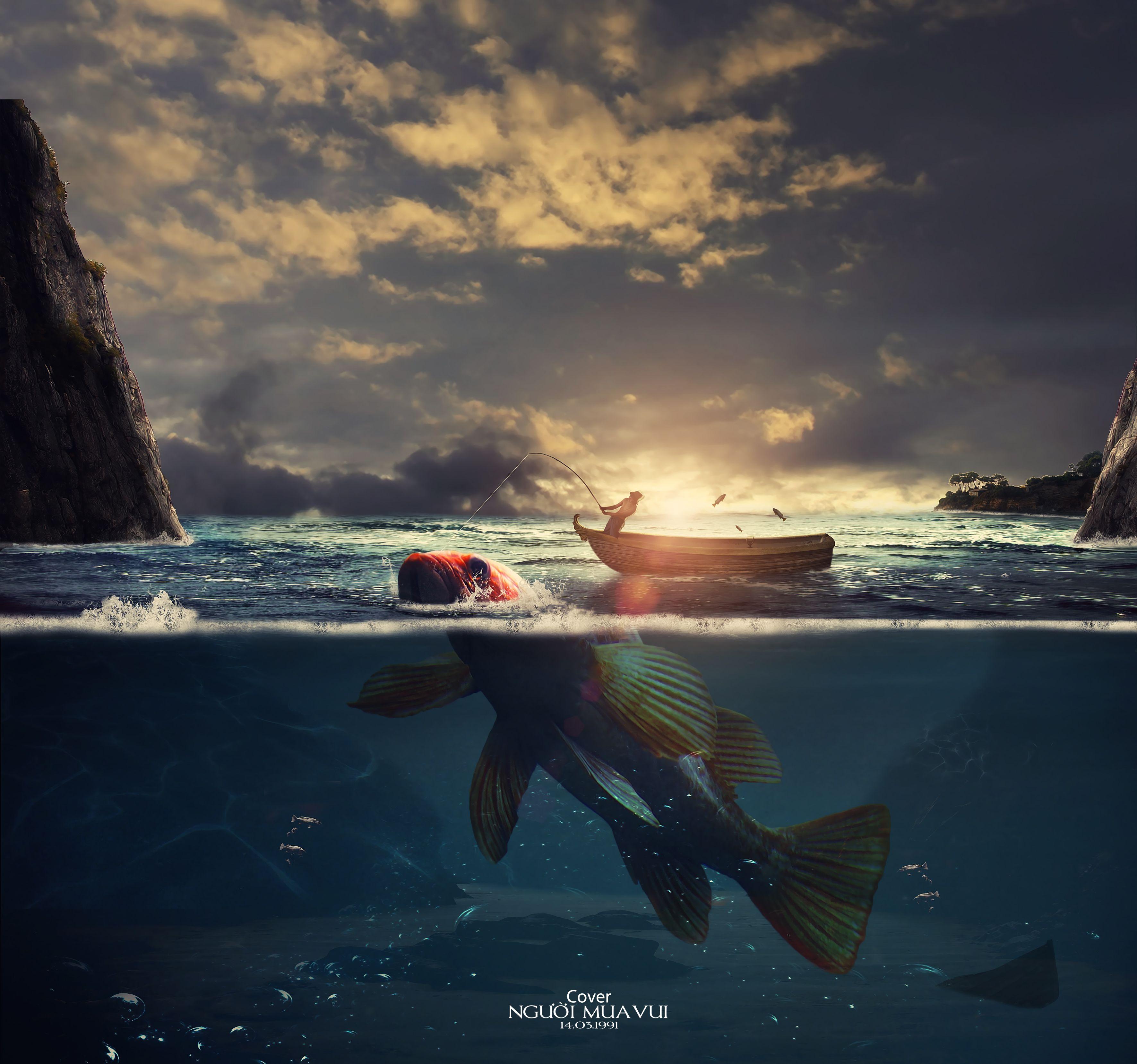 Wallpaper Fisherman, Sunset, Boat, HD, Creative Graphics / Editor's