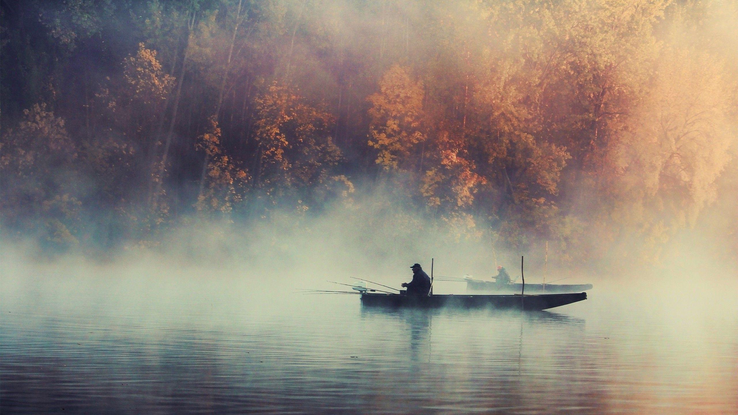 nature, Landscape, Trees, Water, Lake, Boat, Mist, Morning