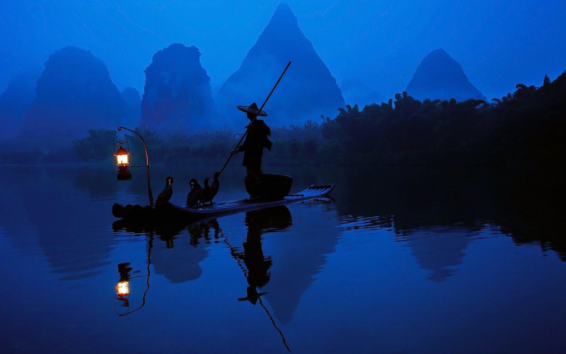 Wallpaper China Fisherman On Night x 1200 Men Women