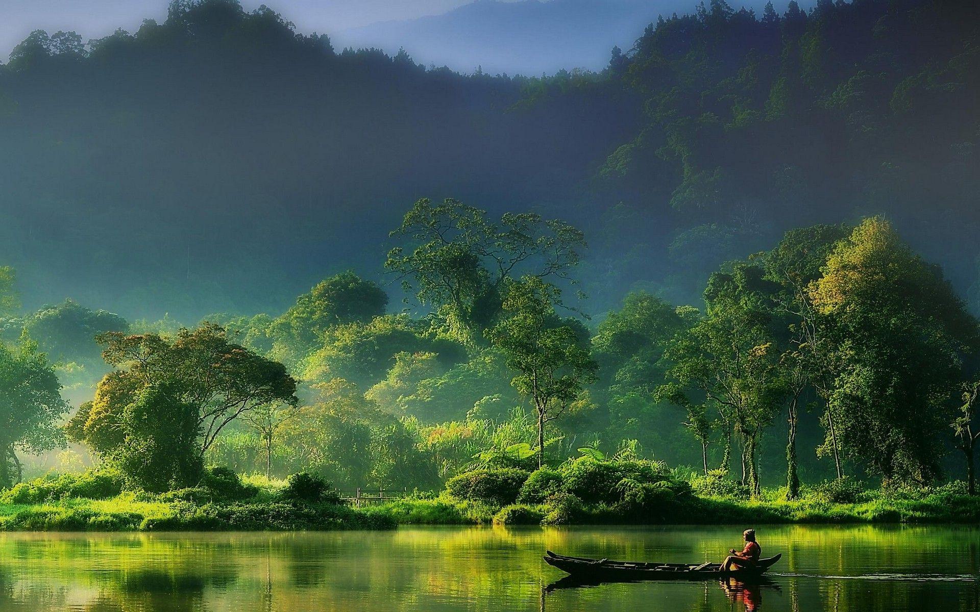 nature, Landscape, Mist, Sunrise, Forest, River, Mountain, Indonesia