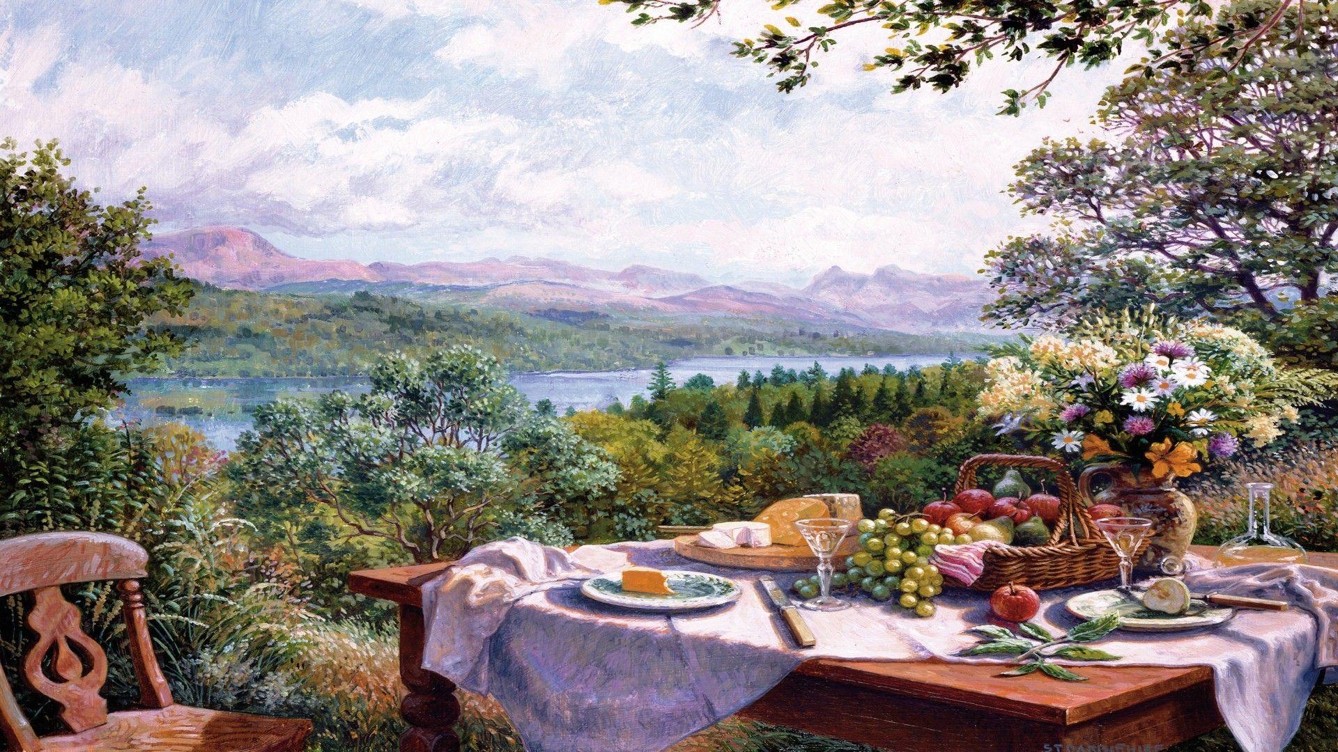Lakes: Lake Lakeside Scenic Trees Painting Fruit Lunch Picnic