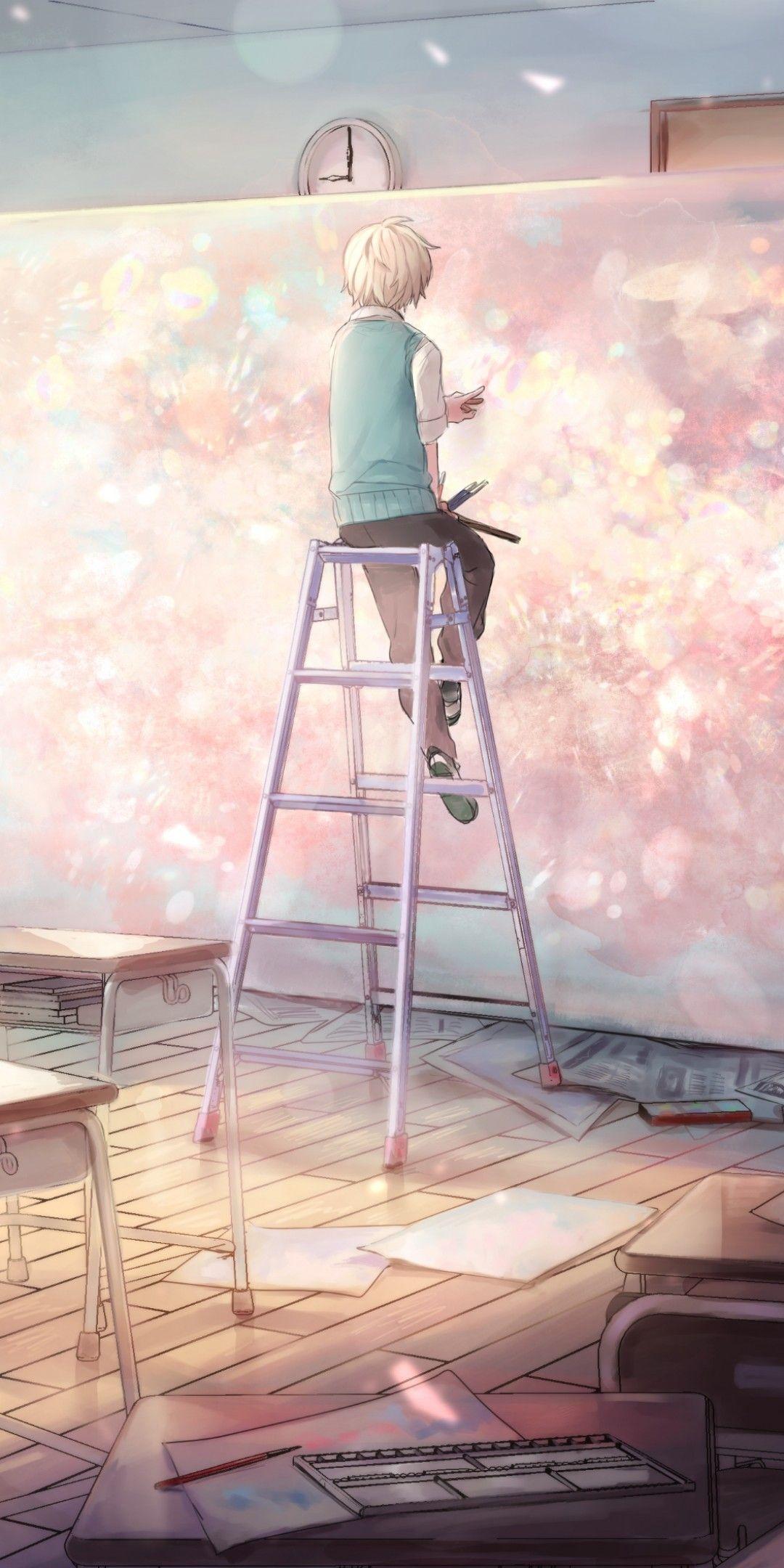 Download 1080x2160 Anime Boy, Classroom, Painting, Ladder Wallpaper