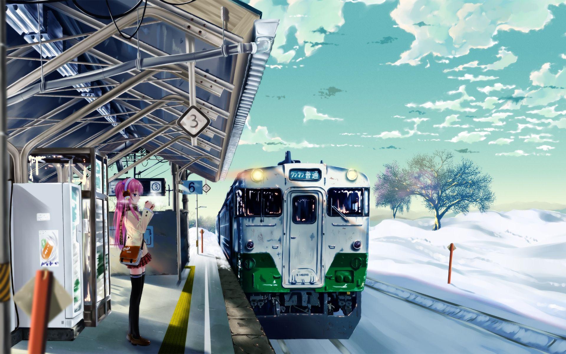 Japan, snow, trains, train stations, anime girls wallpaper
