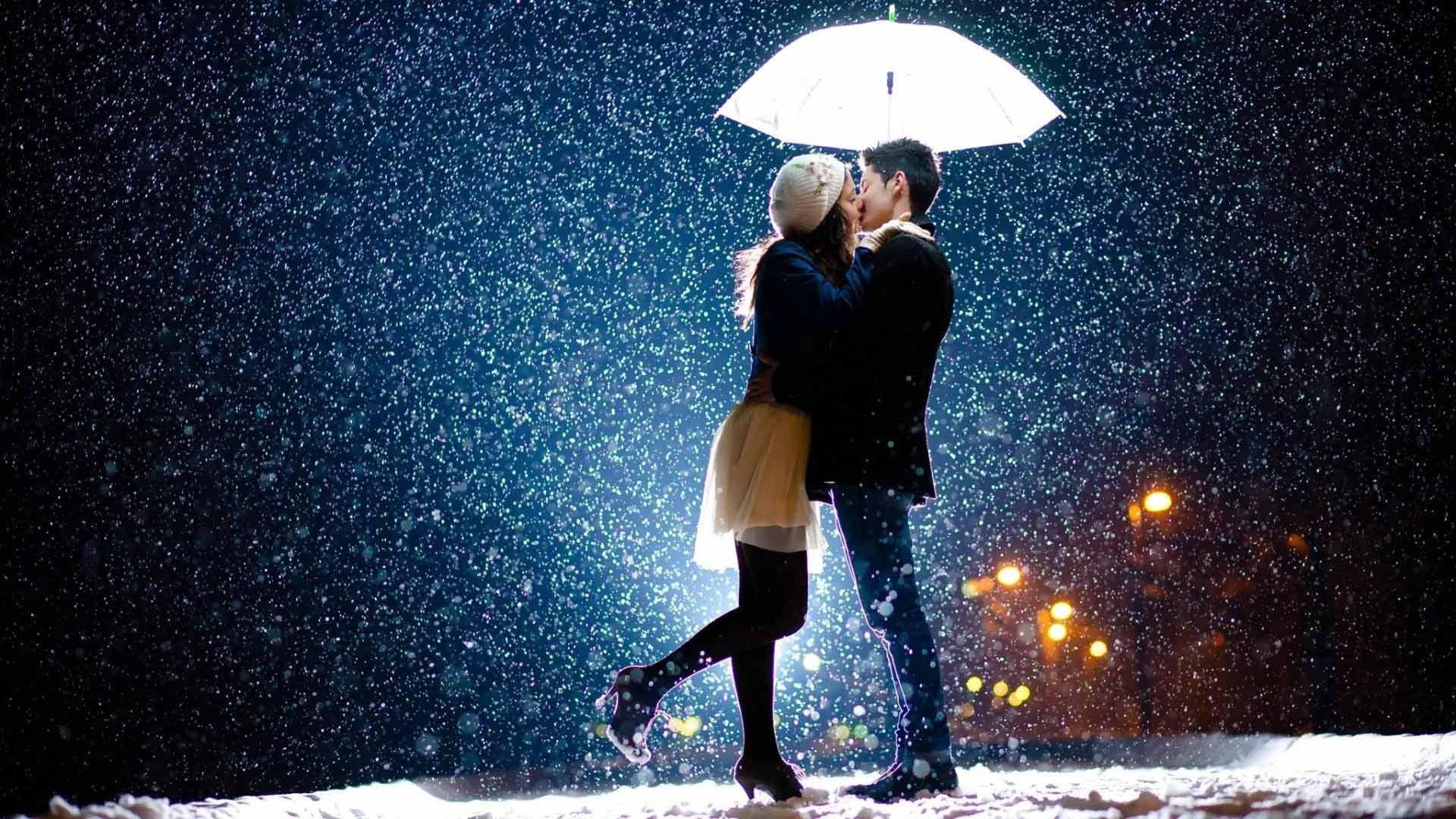 Love Couple Kissing In Umbrella Wallpaper