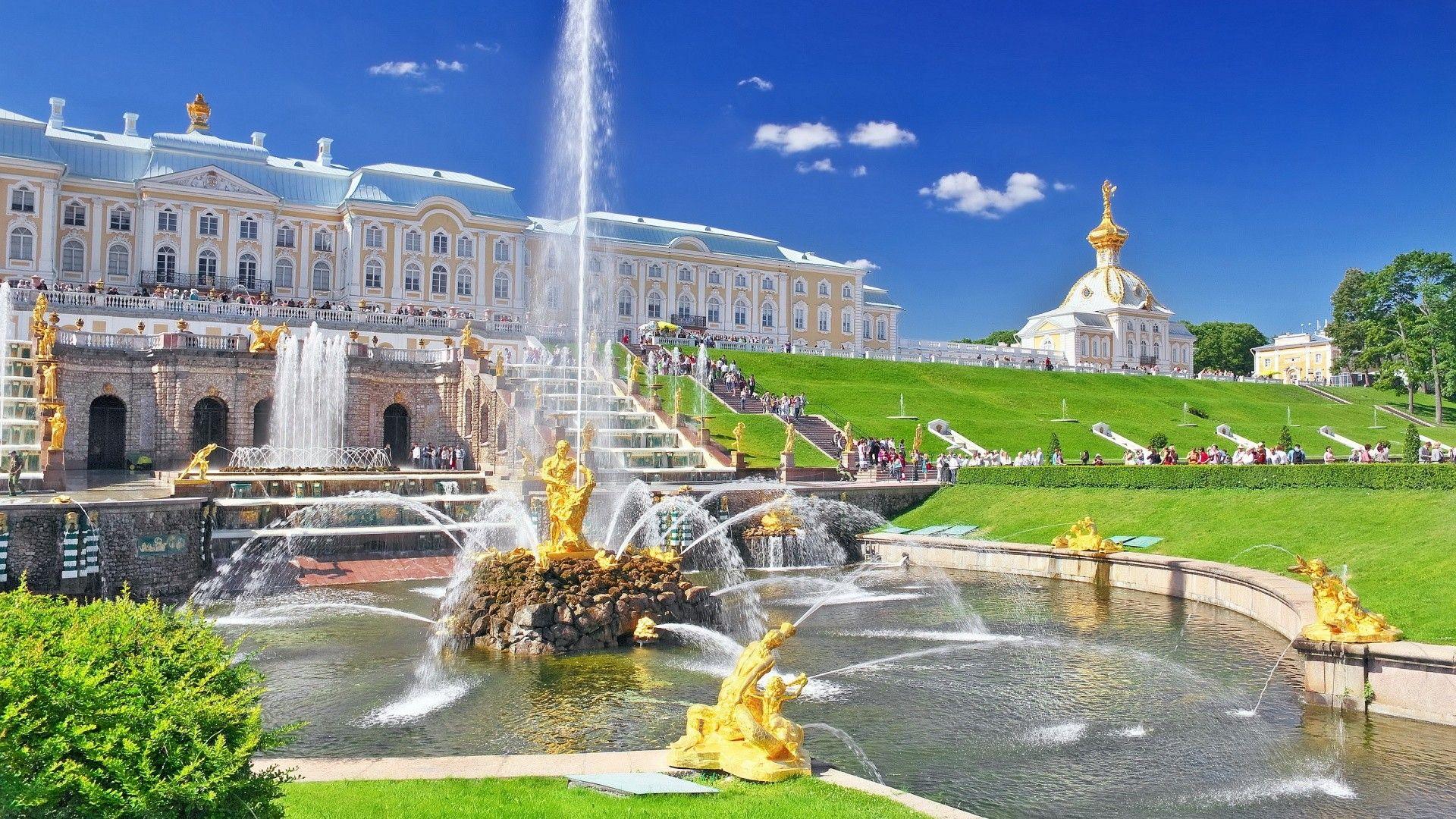 Other: Peterhof Palace St Petersburg Russia Hill Grass Fountains