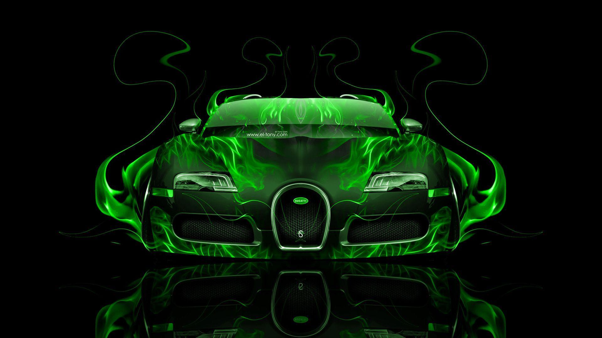 Gold Bugatti Veyron with Neon. Bugatti Veyron Front Green Fire
