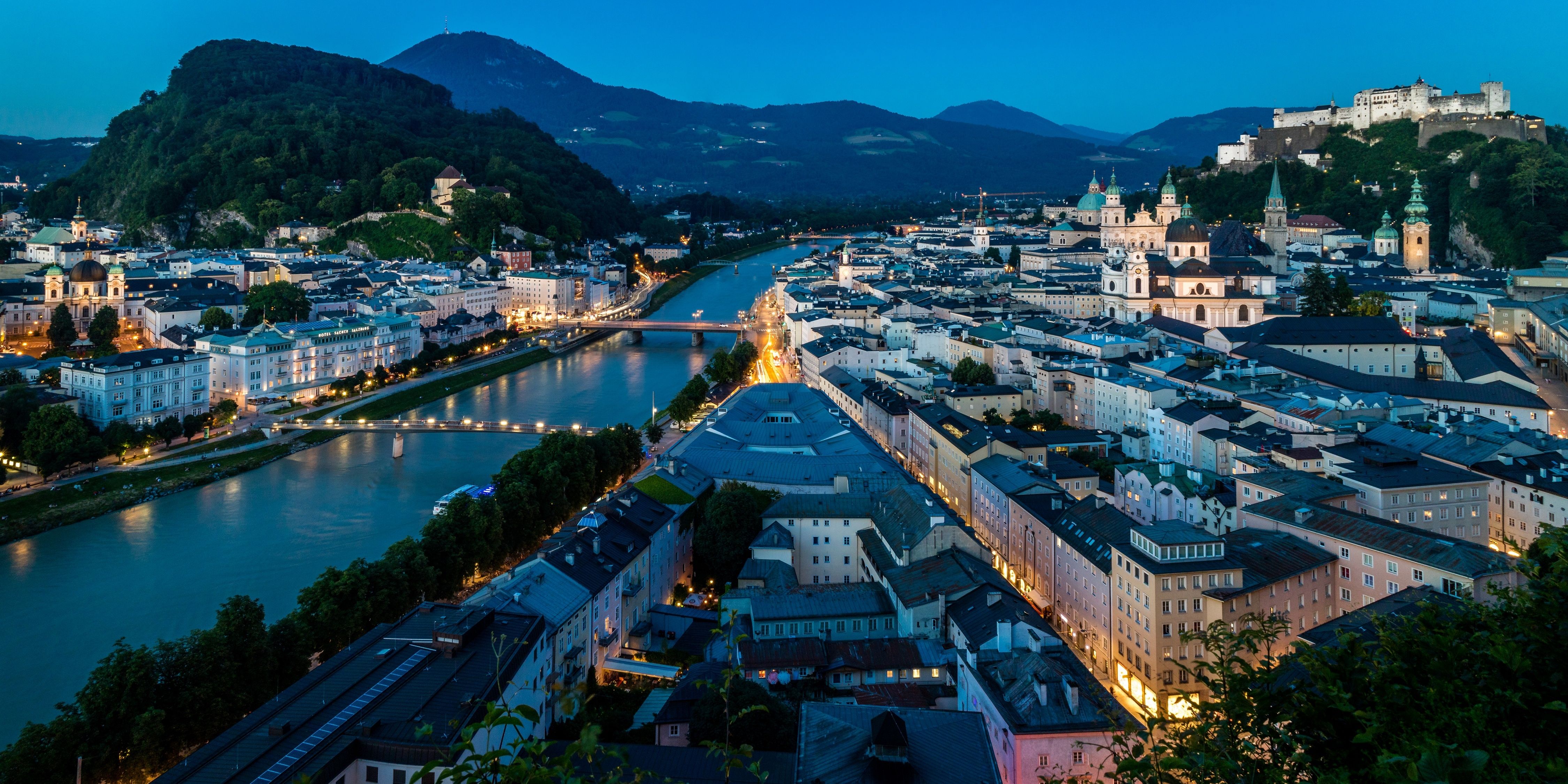 Wallpaper Salzburg, Austria, night, bridges, river City, nature