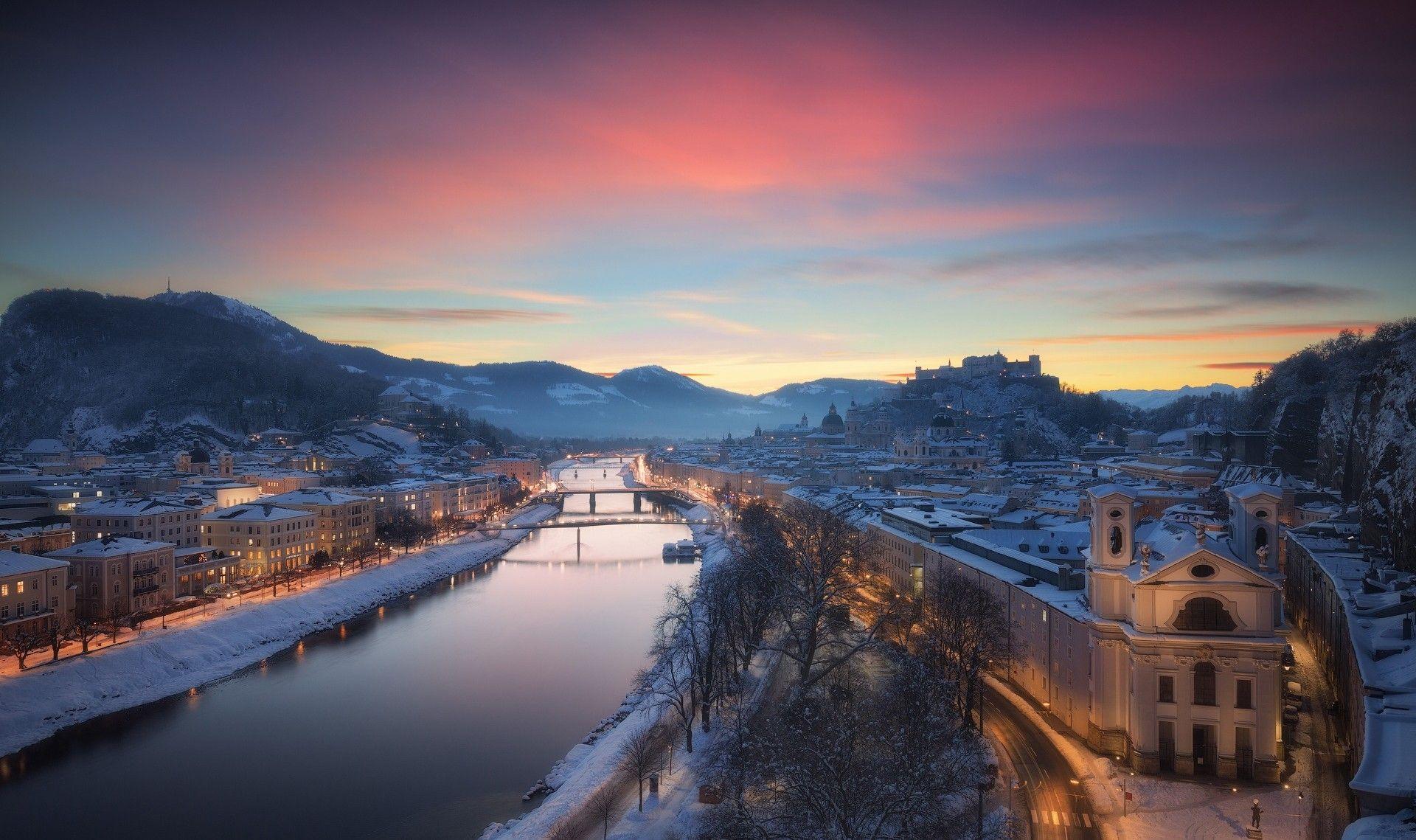 Salzburg, Austria, cityscape, city, river, winter, snow, mountains