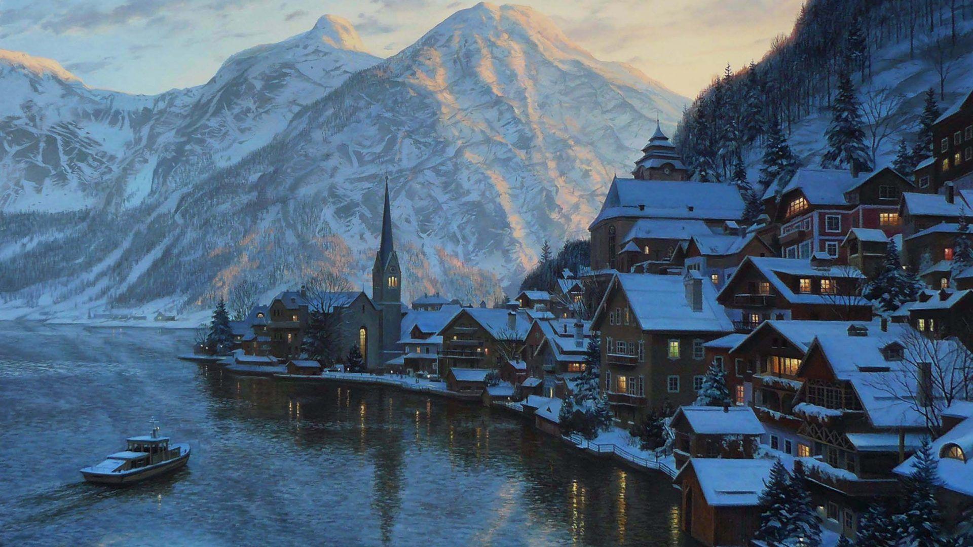Salzburg Tag wallpaper: Beautiful Alpine Village Night Mountains