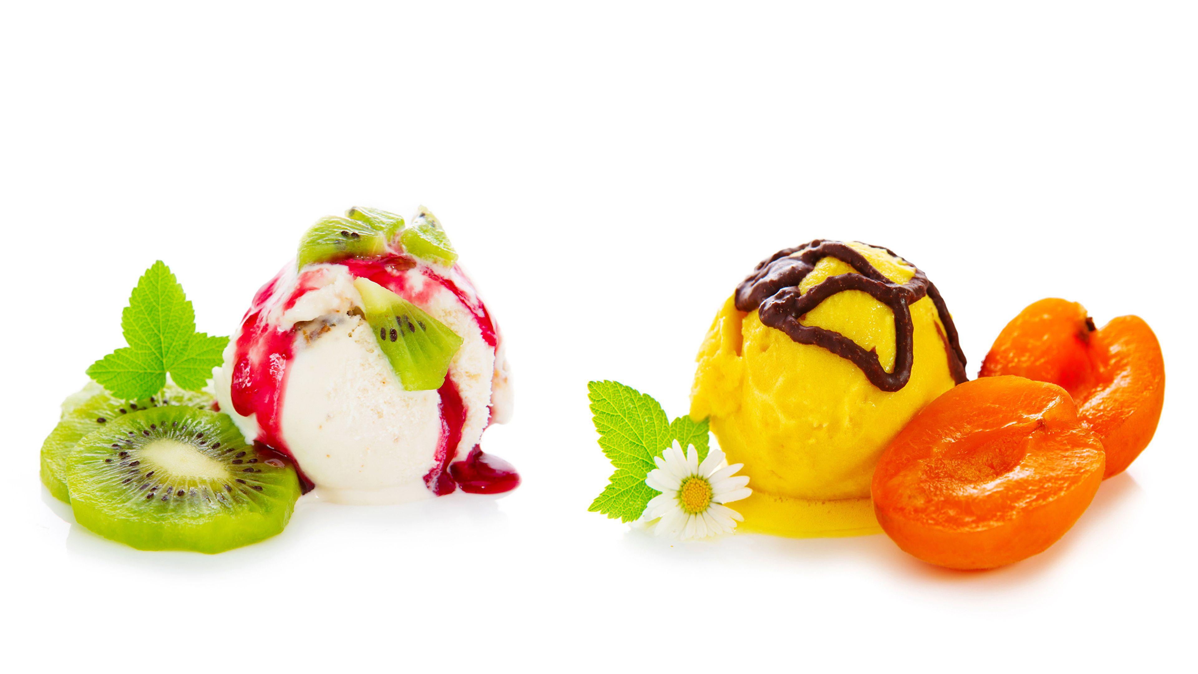 Photo Ice cream Peaches Camomiles Kiwifruit Food Balls 3840x2160