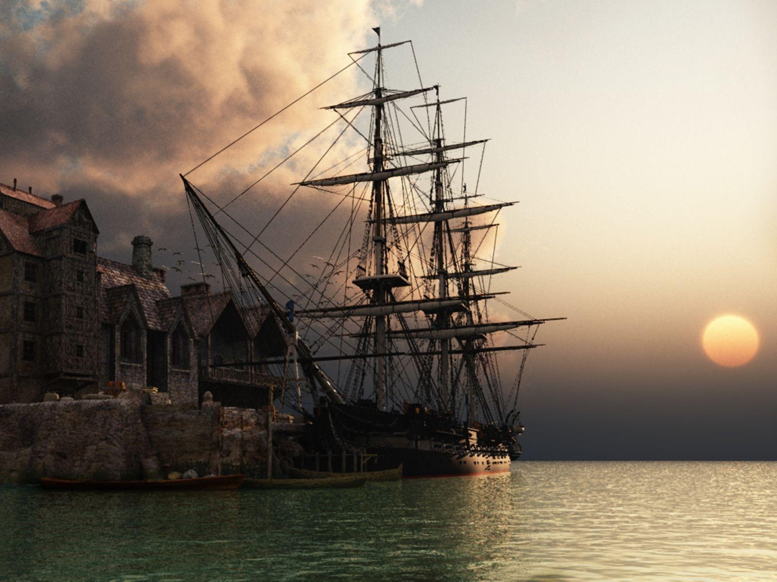 Group of 3D Portuguese Pirate Ship Wallpaper