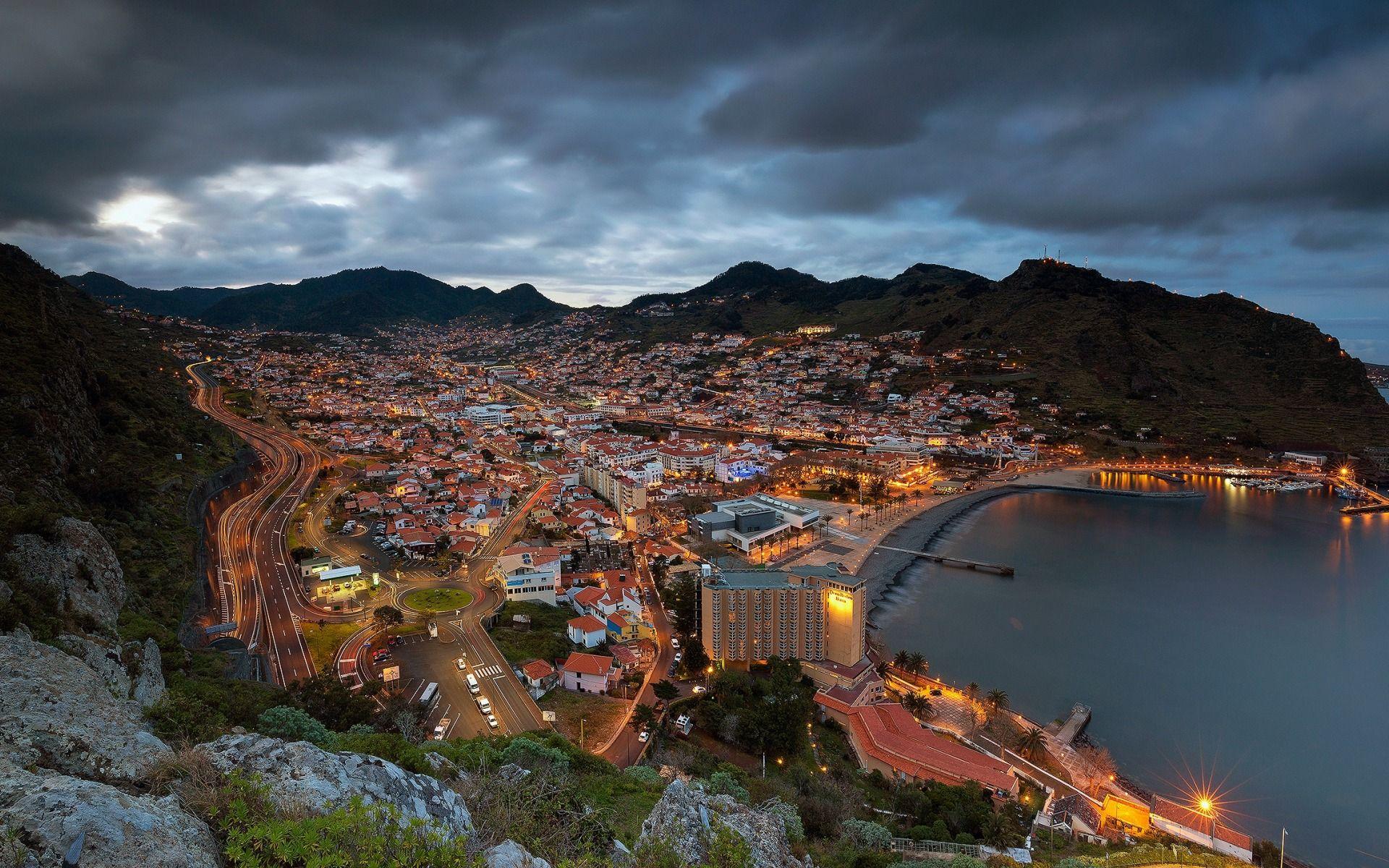 Download wallpaper Madeira, Machico Bay, Evening, mountains, coast