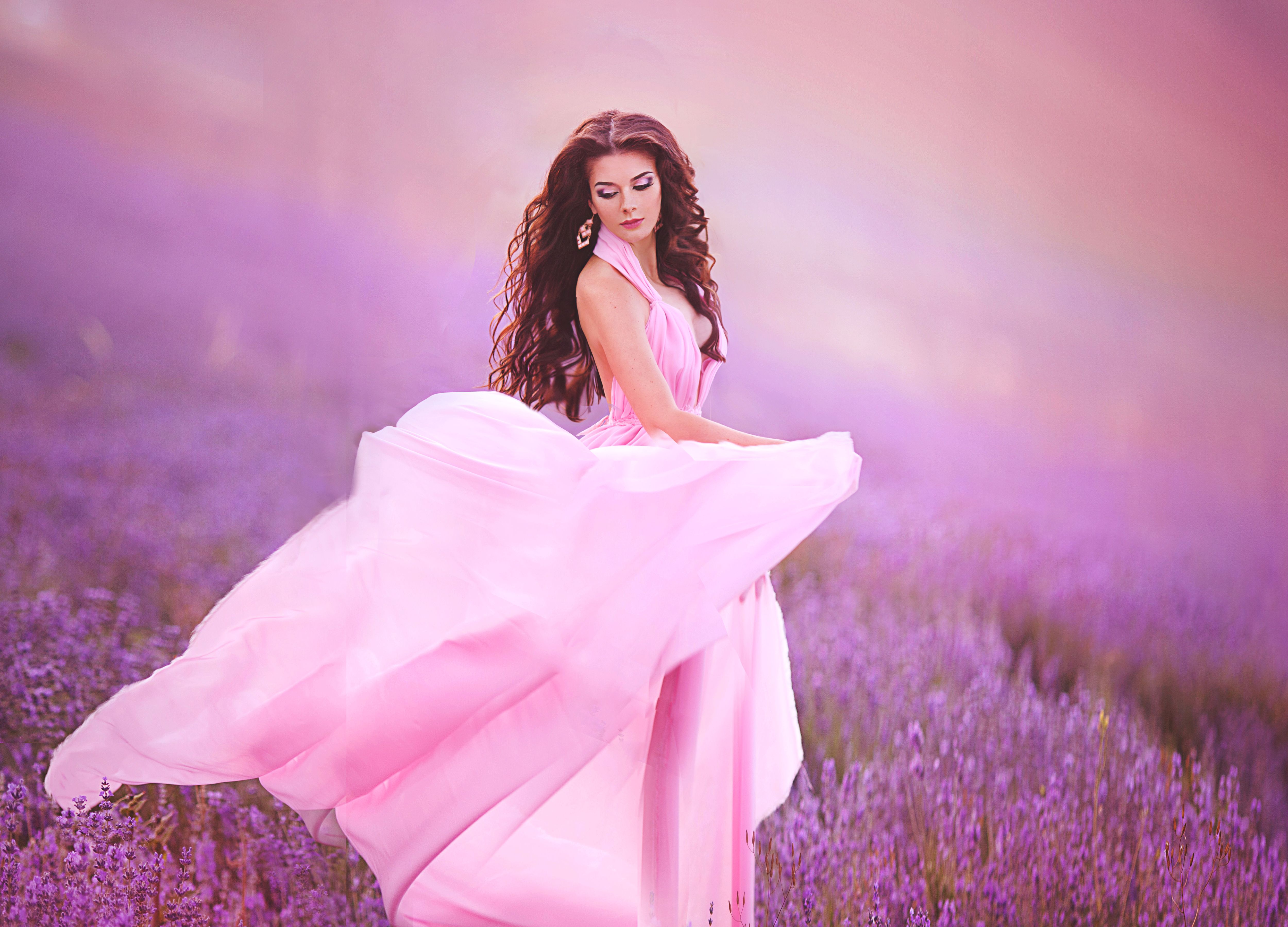 Girl with Pink Gown in Lavender Field 4k Ultra HD Wallpaper