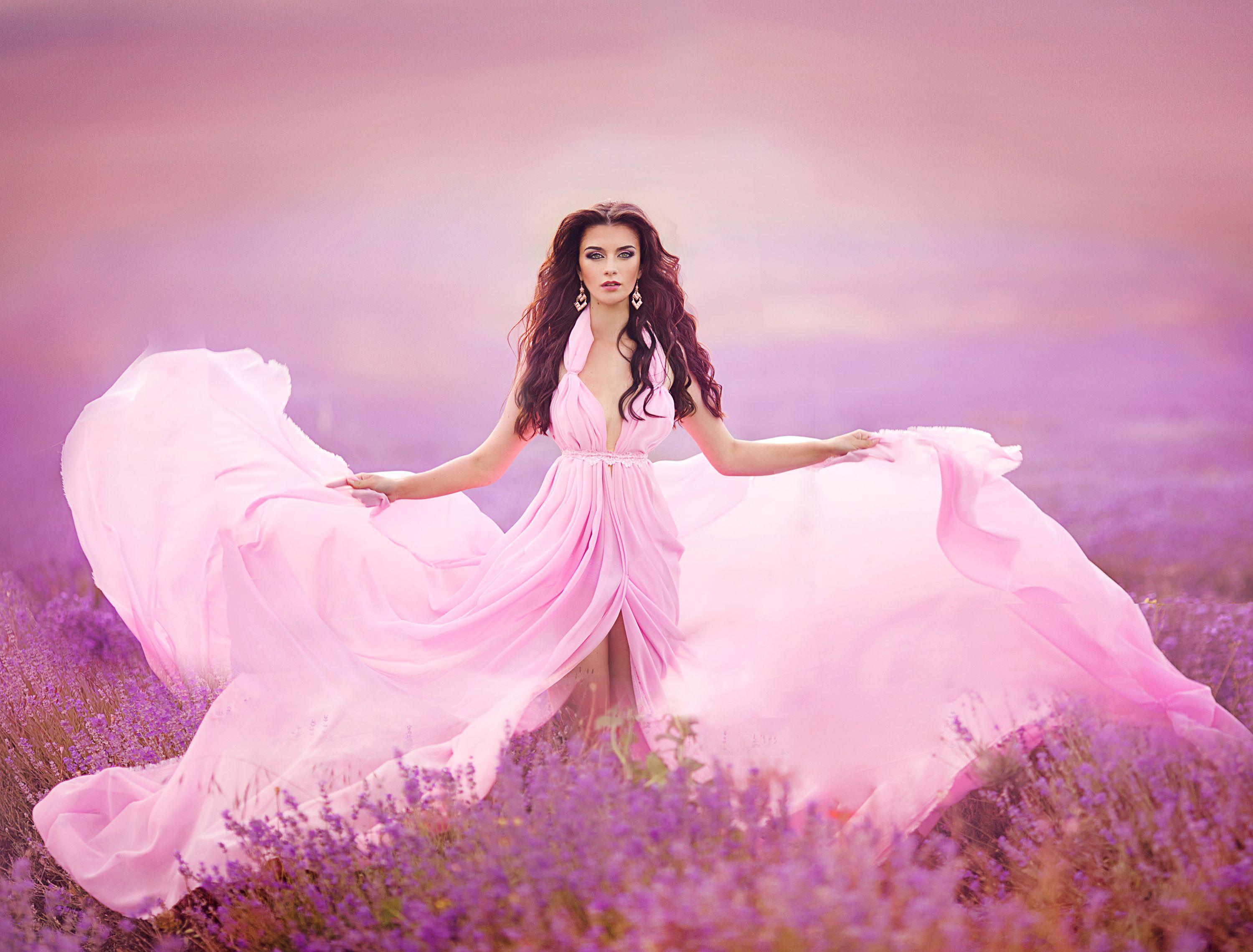 Girl with Pink Gown in Lavender Field Full HD Wallpaper