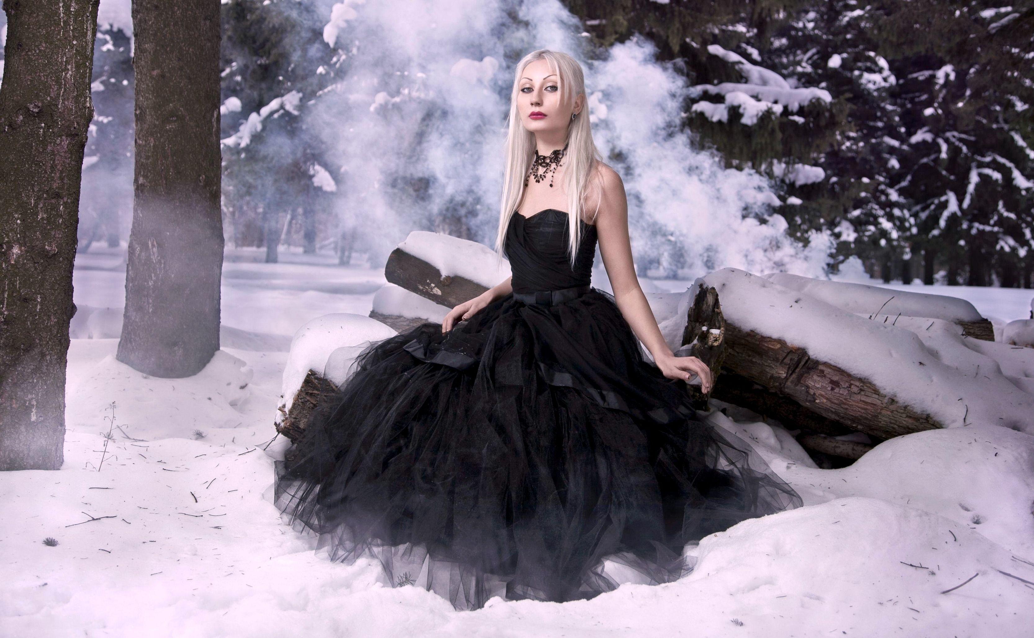 Girl in Black Gown in White Winter Forest Full HD Wallpaper