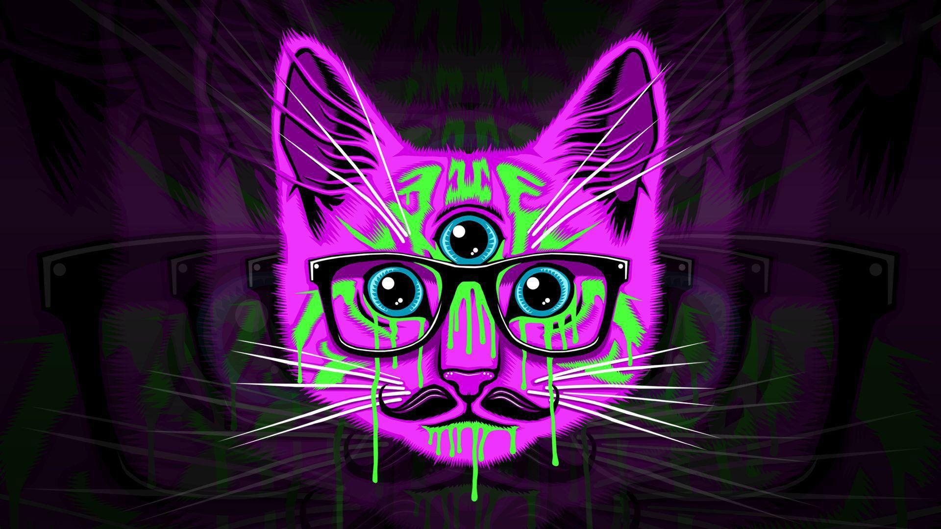 psychedelic cat hipster glasses mustache wallapers desktop