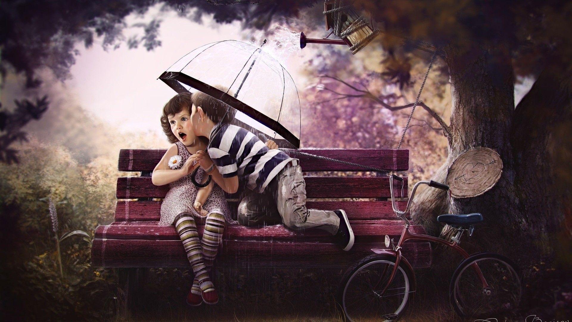Download desktop wallpaper Baby love, boy and girl on a bench