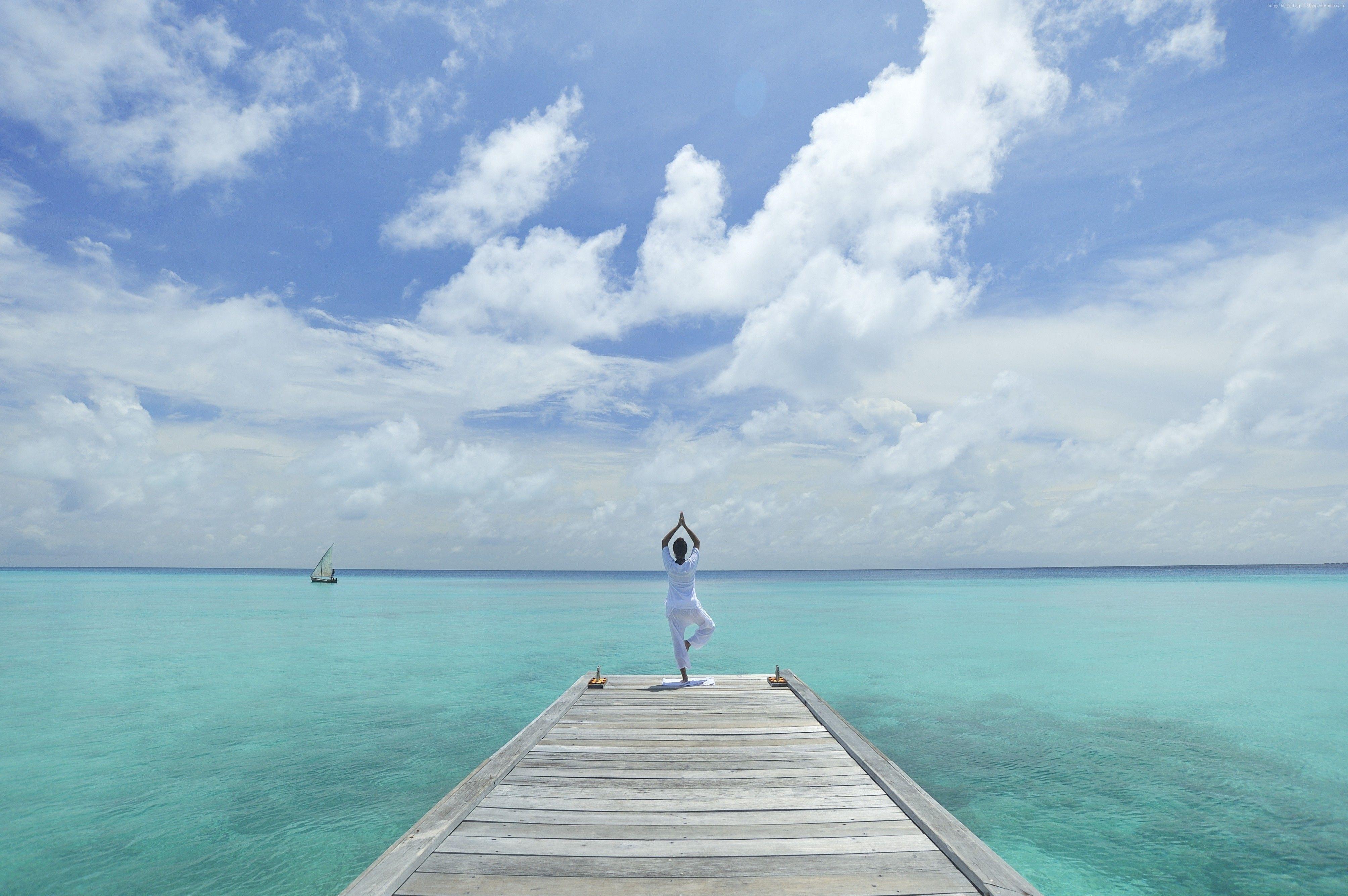 Wallpaper Yoga, beach, sea, blu, sky, Sport