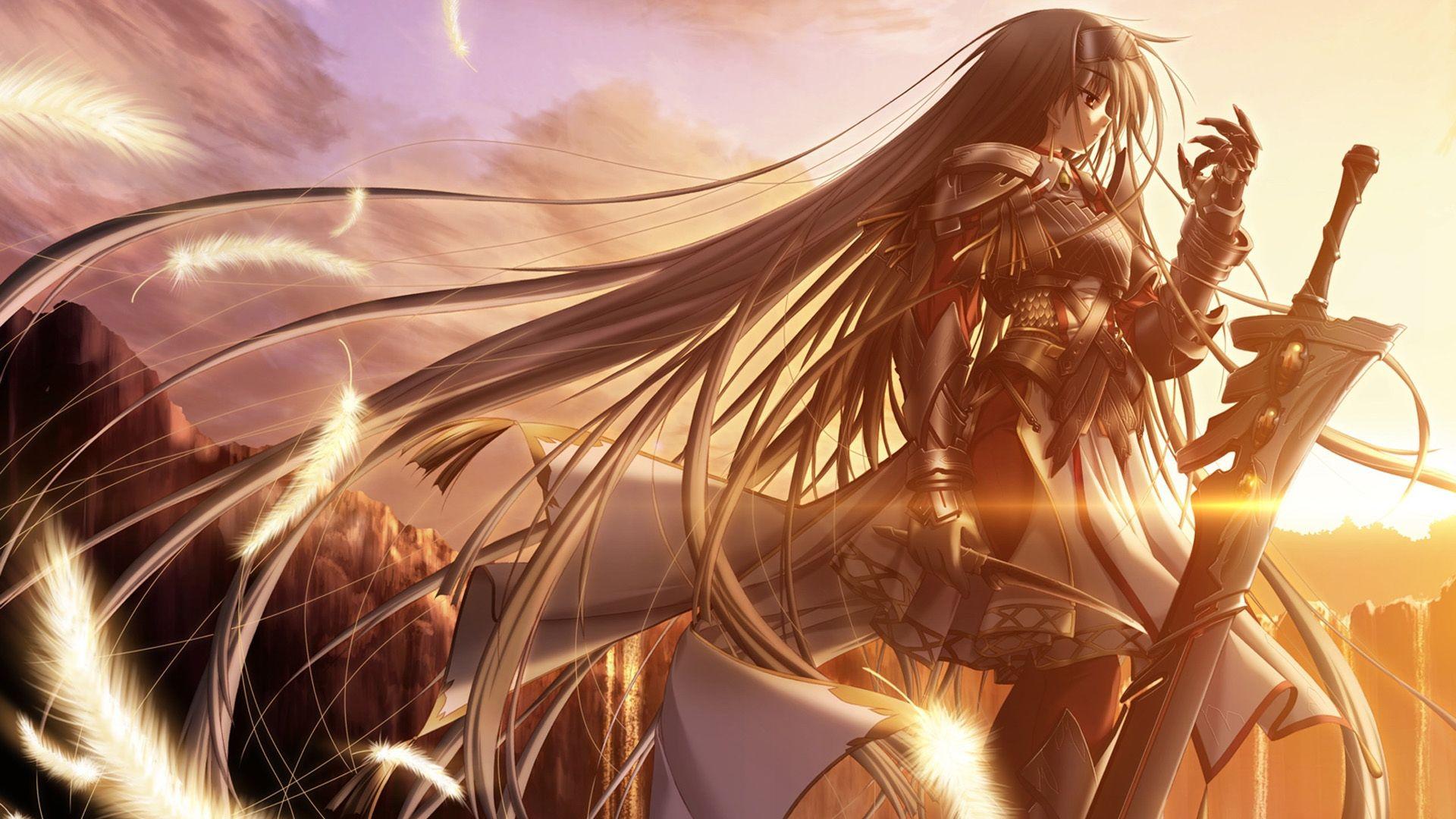 Full HD Wallpaper knight sword long hair feather, Desktop