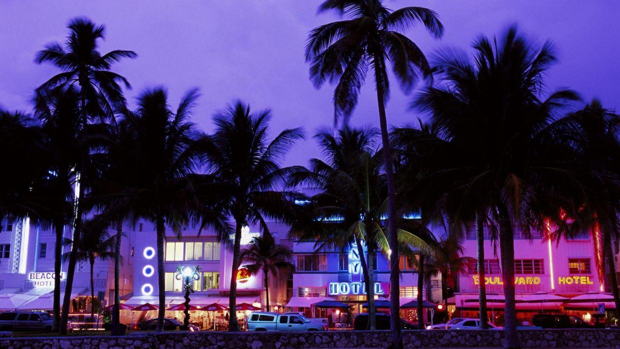 Cars Miami street lights palm trees hotels wallpaperx1080