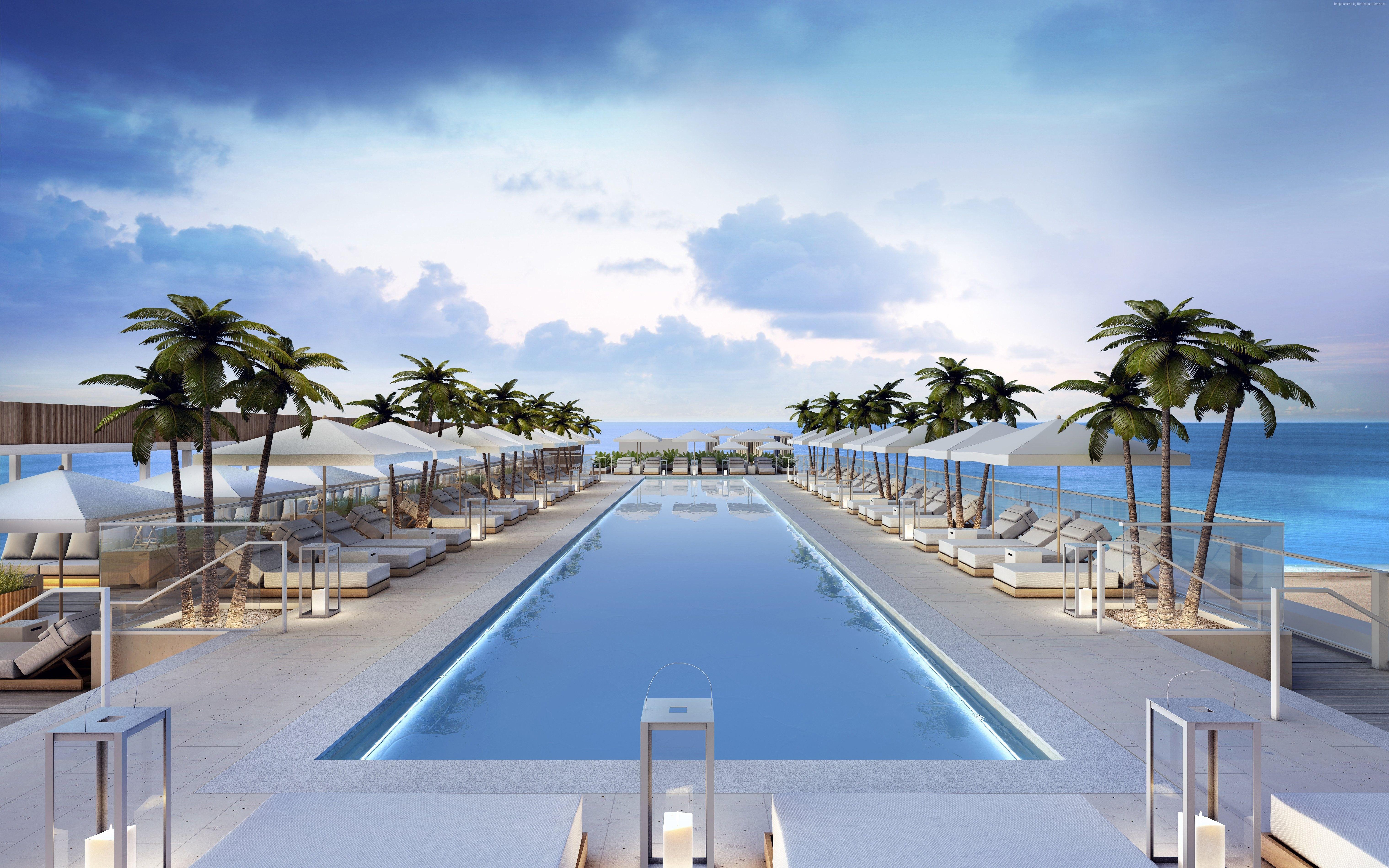 Wallpaper Miami, south beach, hotel, pool, sunbed, water, palm, sky