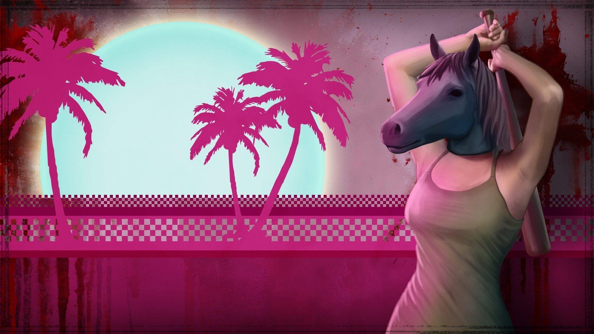 video games hotline miami women palm trees mask wallpaper and background