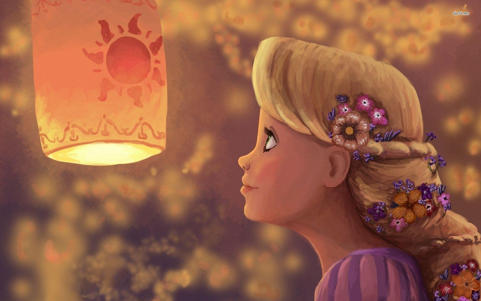Rapunzel gazing at a lantern wallpaper