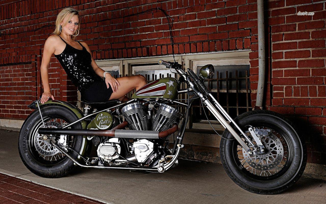 Woman with Brass Balls Bobbers bike. Bikes and babes
