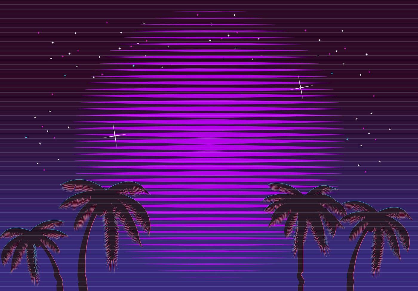 80s Retro Neon gradient background. Palms and sun. Tv glitch effect