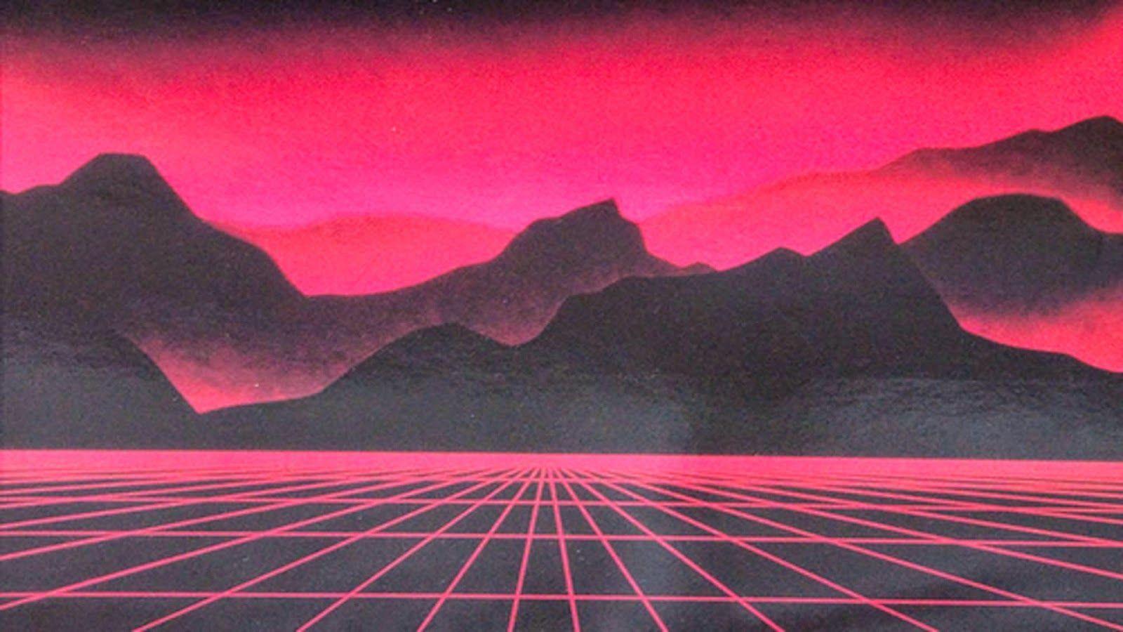 Red 80s Background Grid Mountains. Graph Design