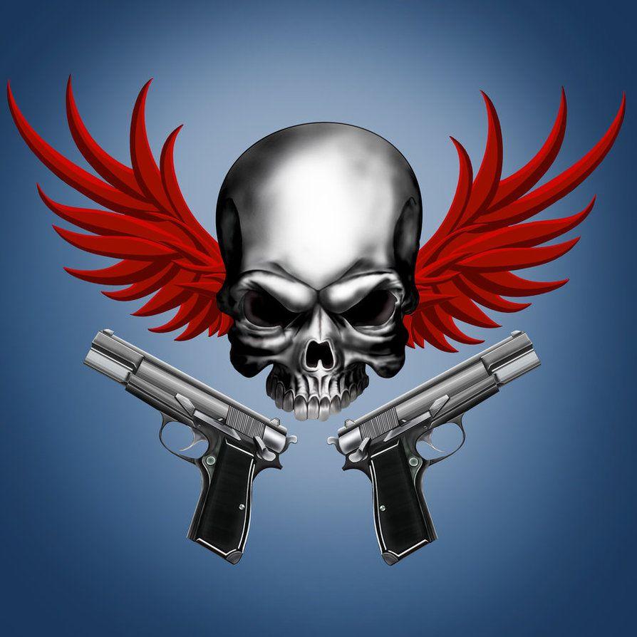 Winged skull with guns