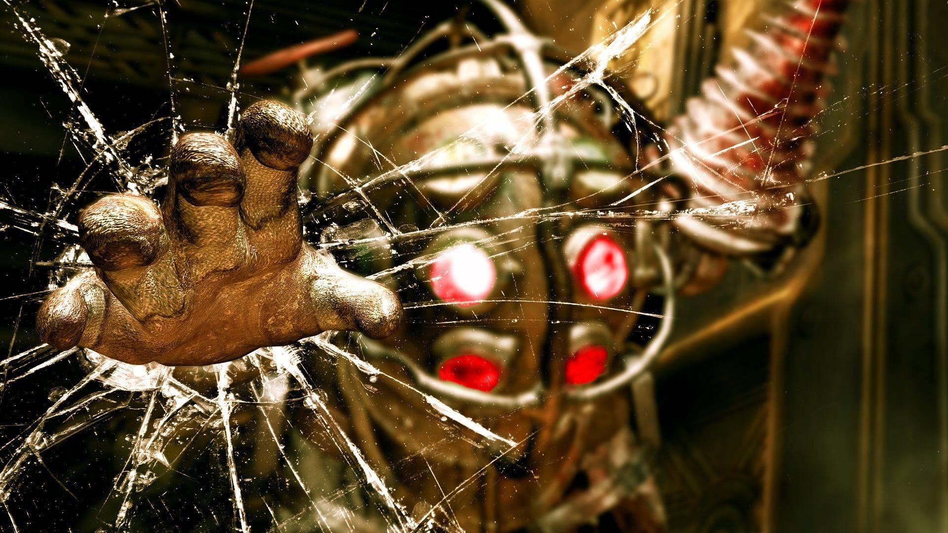 Download Wallpaper 1920x1080 bioshock, big daddy, glass, hand, look