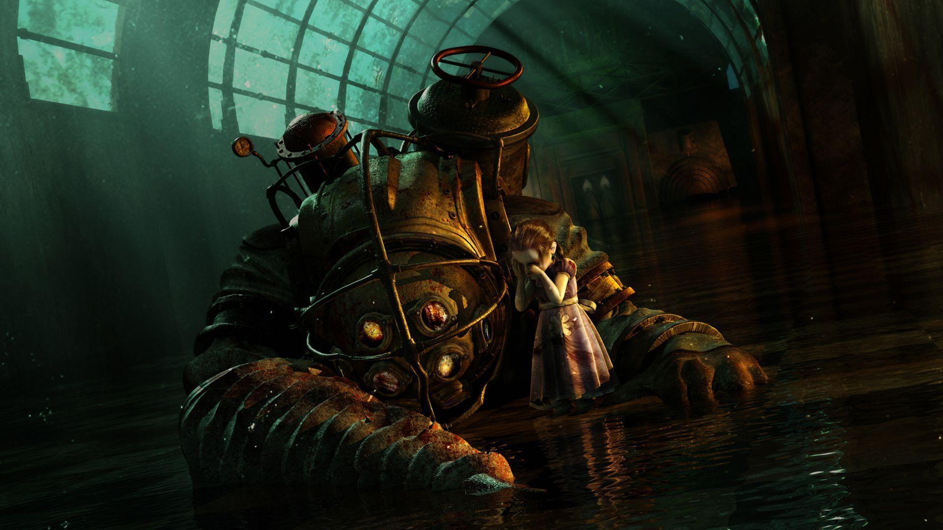 A Little Sister crying her Big Daddy's dead in Rapture. Bioshock