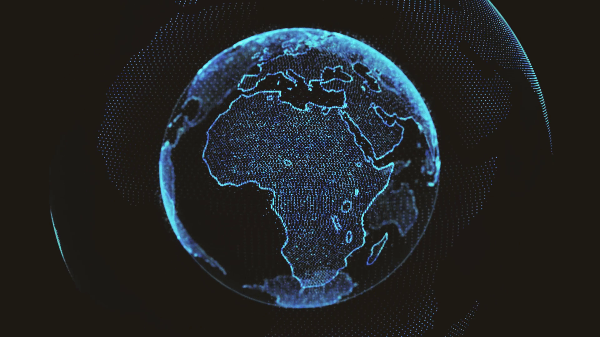World map on a black background with sparkling particles on