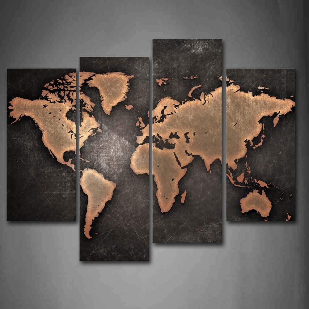 General World Map Black Background Wall Art Painting Picture Print